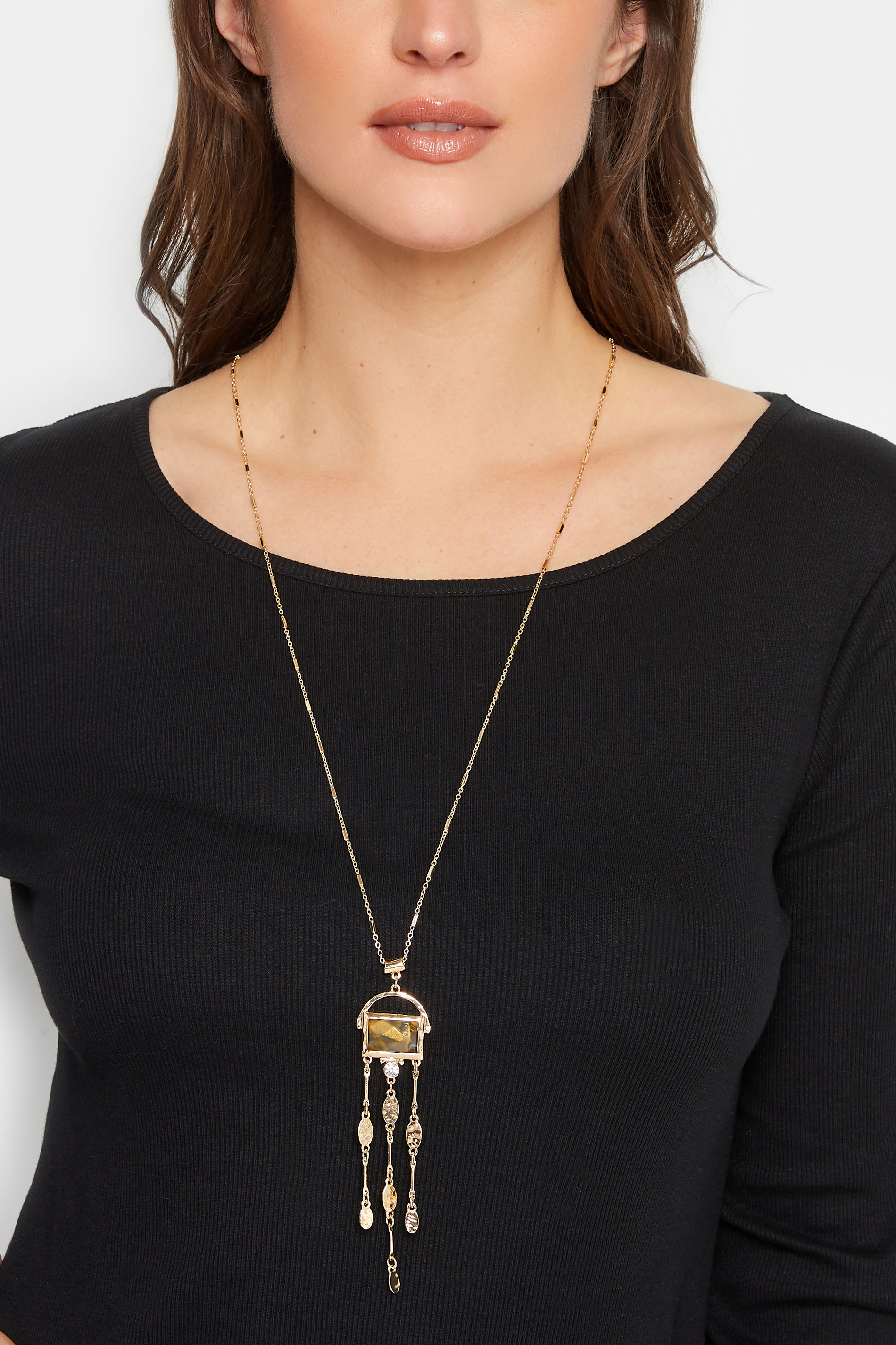 Gold Gemstone Triple Drop Long Necklace | Yours Clothing 1
