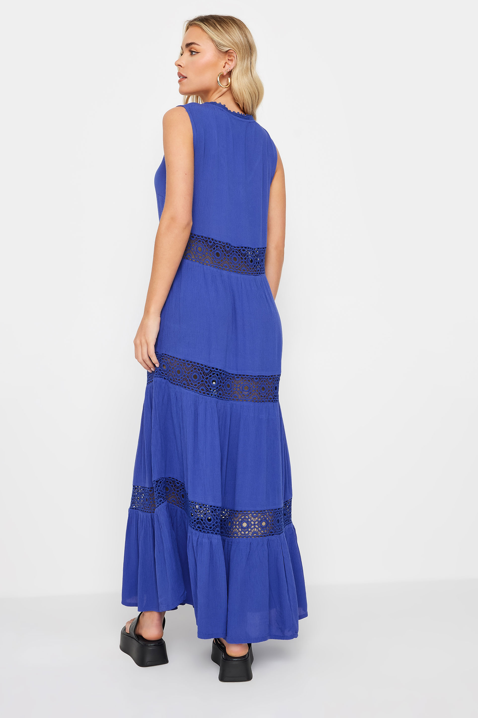 PixieGirl Petite Women's Blue Crochet Trim Tiered Maxi Dress | PixieGirl 4