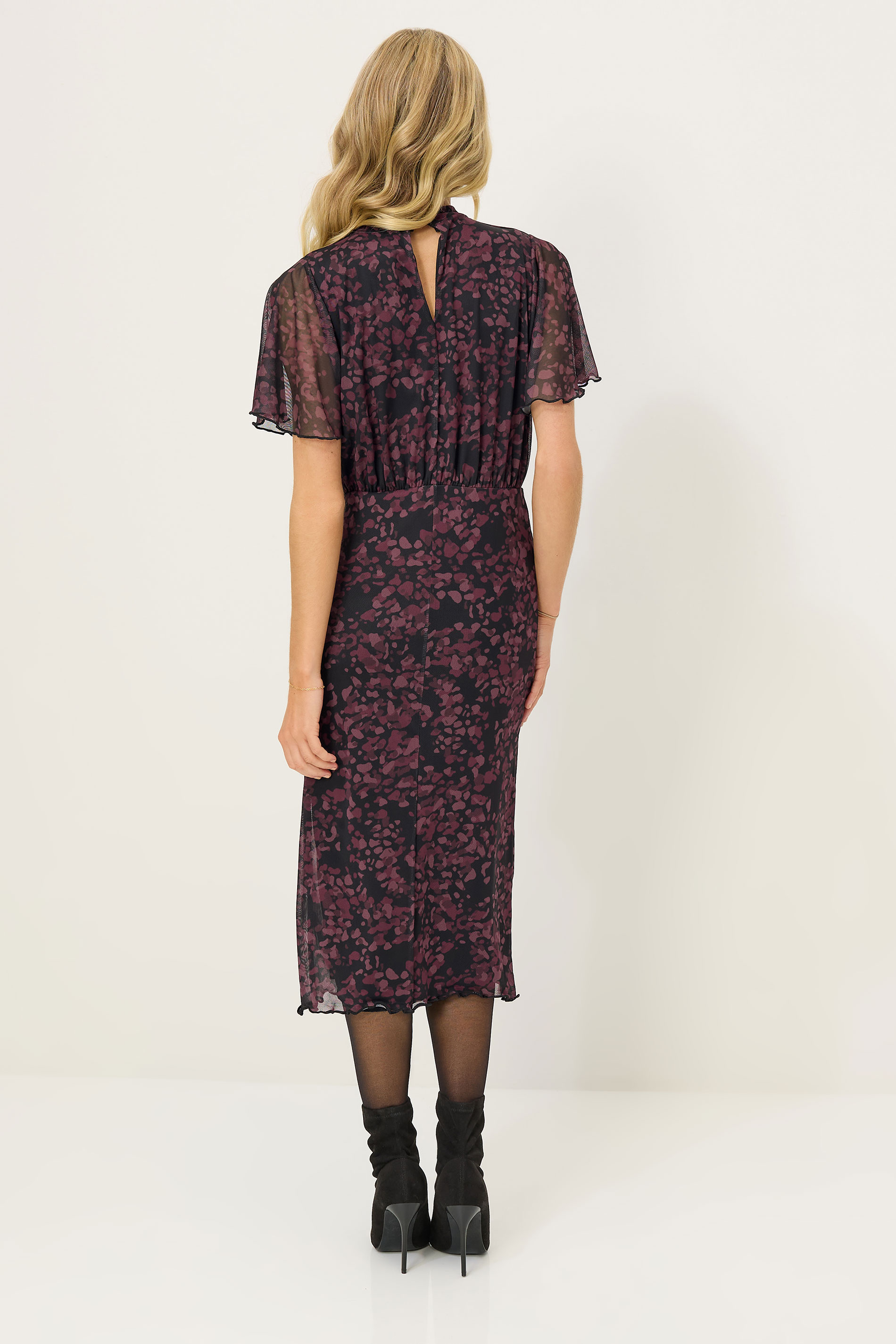 PixieGirl Petite Women's Burgundy Red Abstract Animal Print Flutter Sleeve Dress | PixieGirl 3