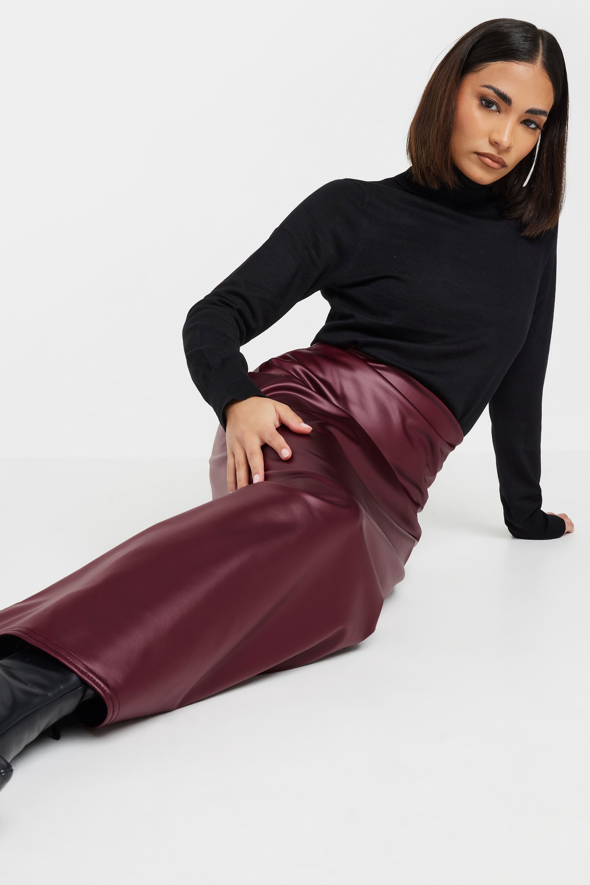 PixieGirl Petite Women's Burgundy Red Faux Leather Fishtail Skirt | PixieGirl 3