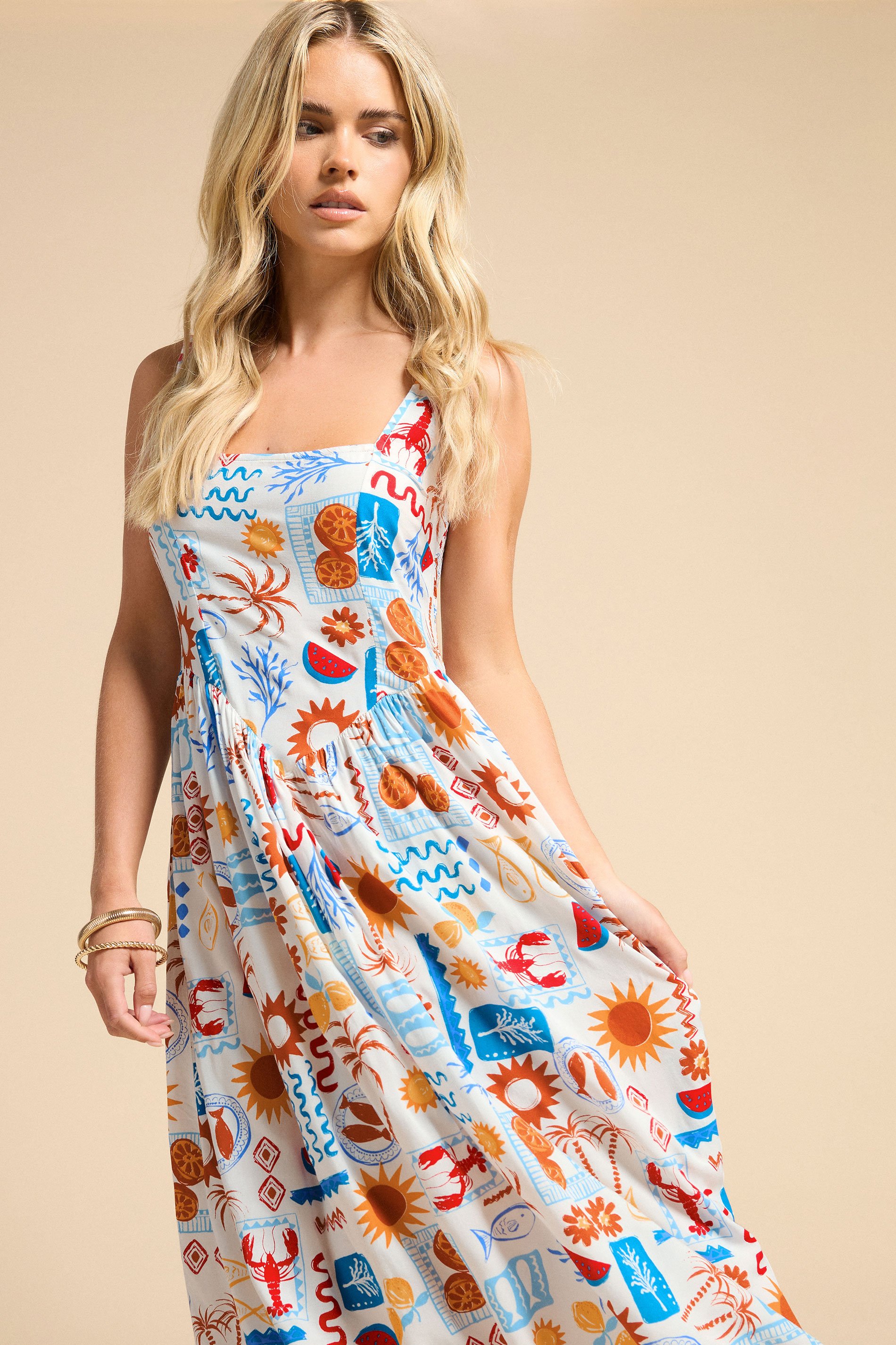 PixieGirl Petite Women's White Postcard Graphic Corset Midaxi Dress | PixieGirl 1