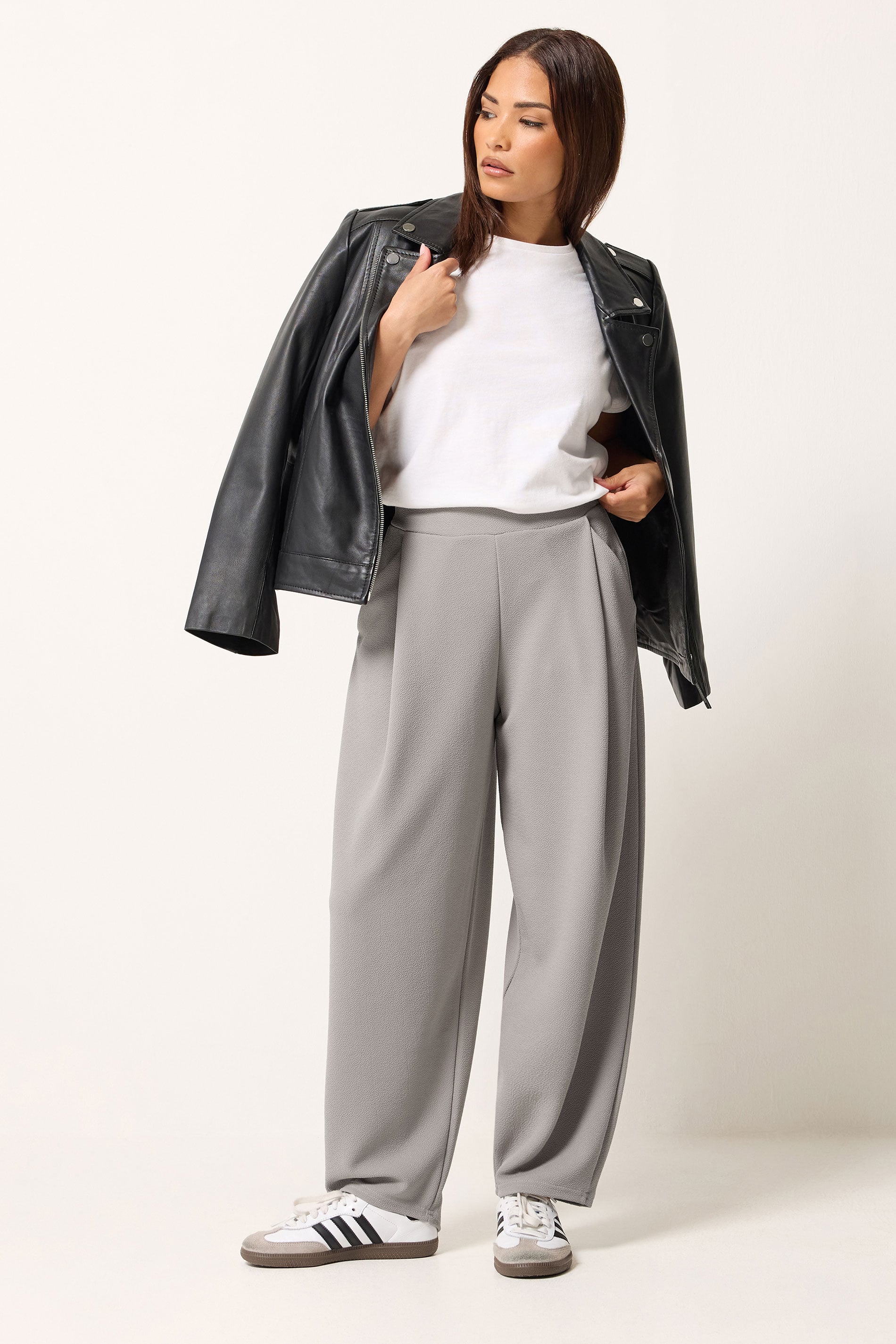 PixieGirl Petite Women's Grey Crinkle Barrel Leg Trousers | PixieGirl 3
