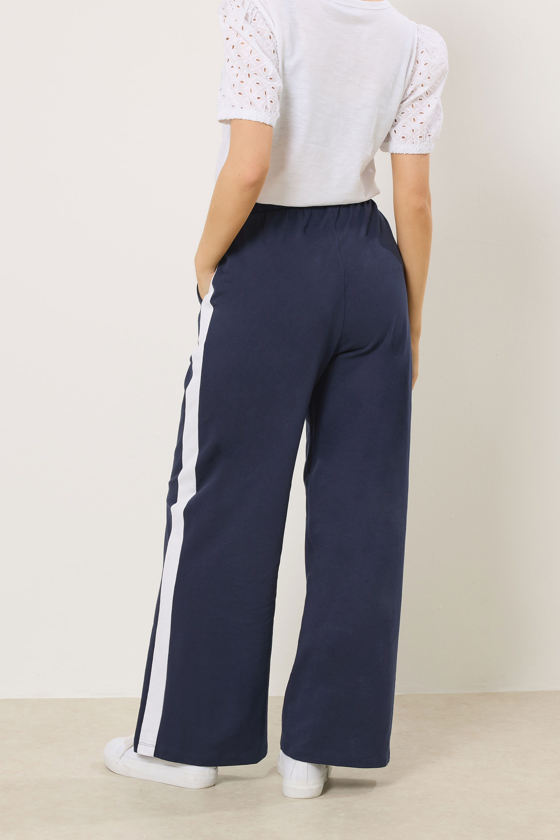 M&Co Navy Blue & White Side Stripe Cotton Wide Leg Joggers | M&Co 2