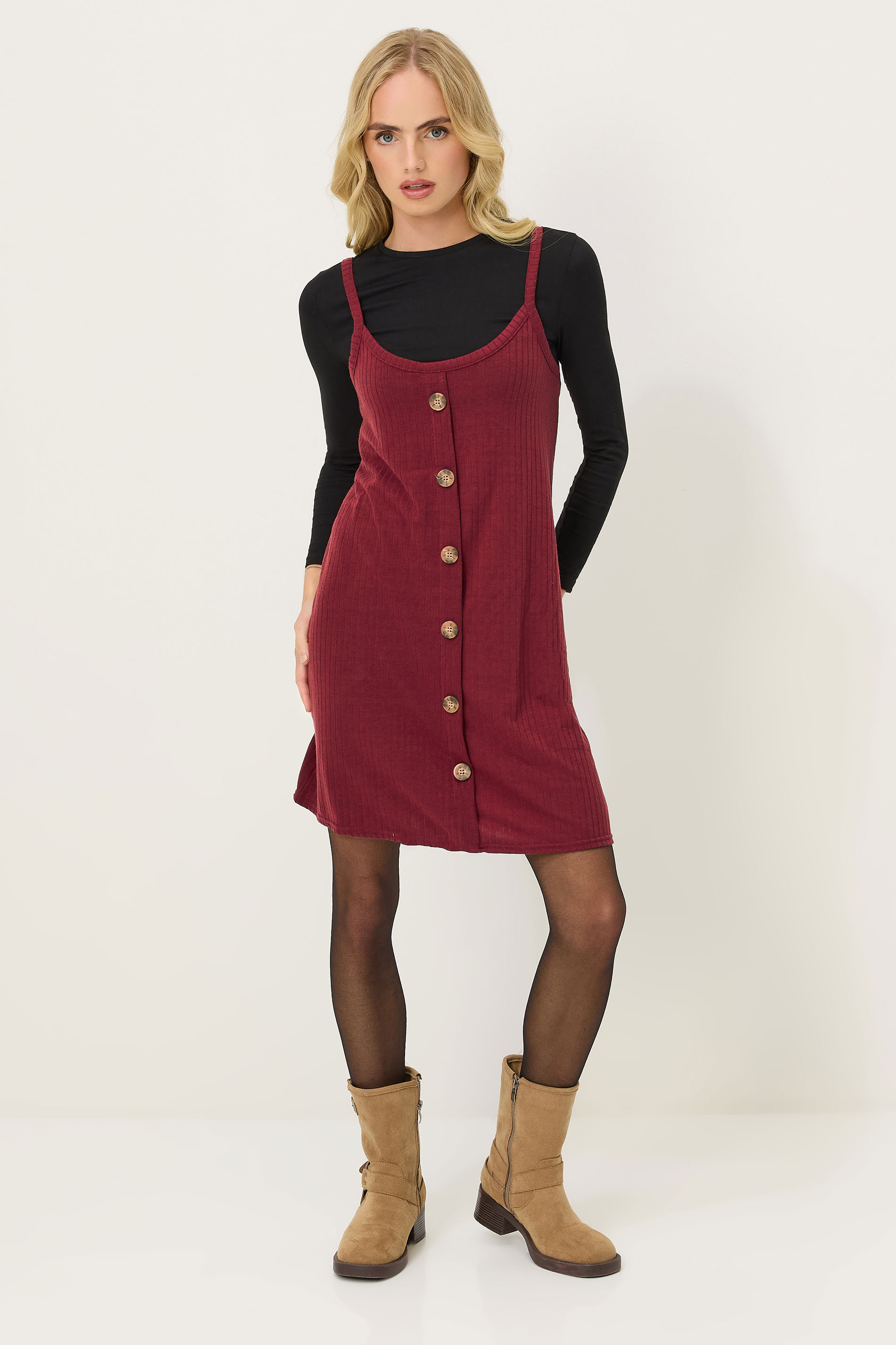 PixieGirl Petite Burgundy Red Ribbed Button Mini Dress | PixieGirl 2