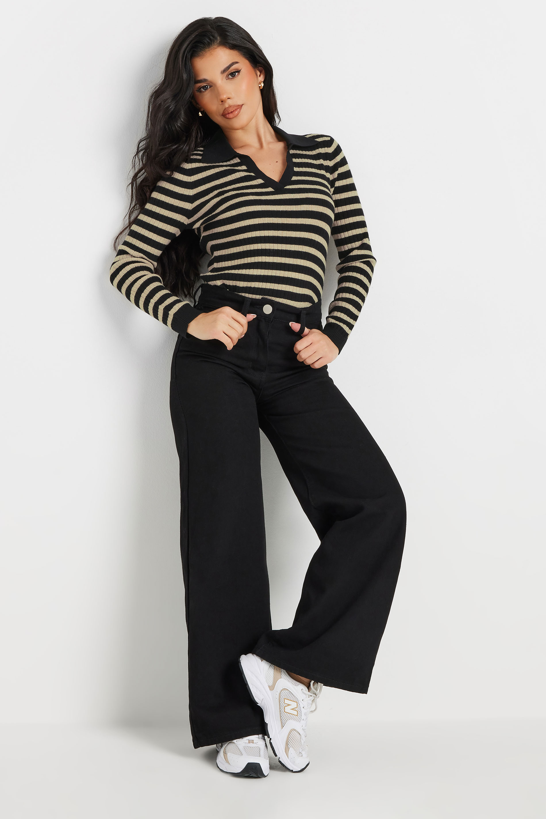 PixieGirl Petite Women's Black Knitted Stripe Collar Jumper | PixieGirl 2