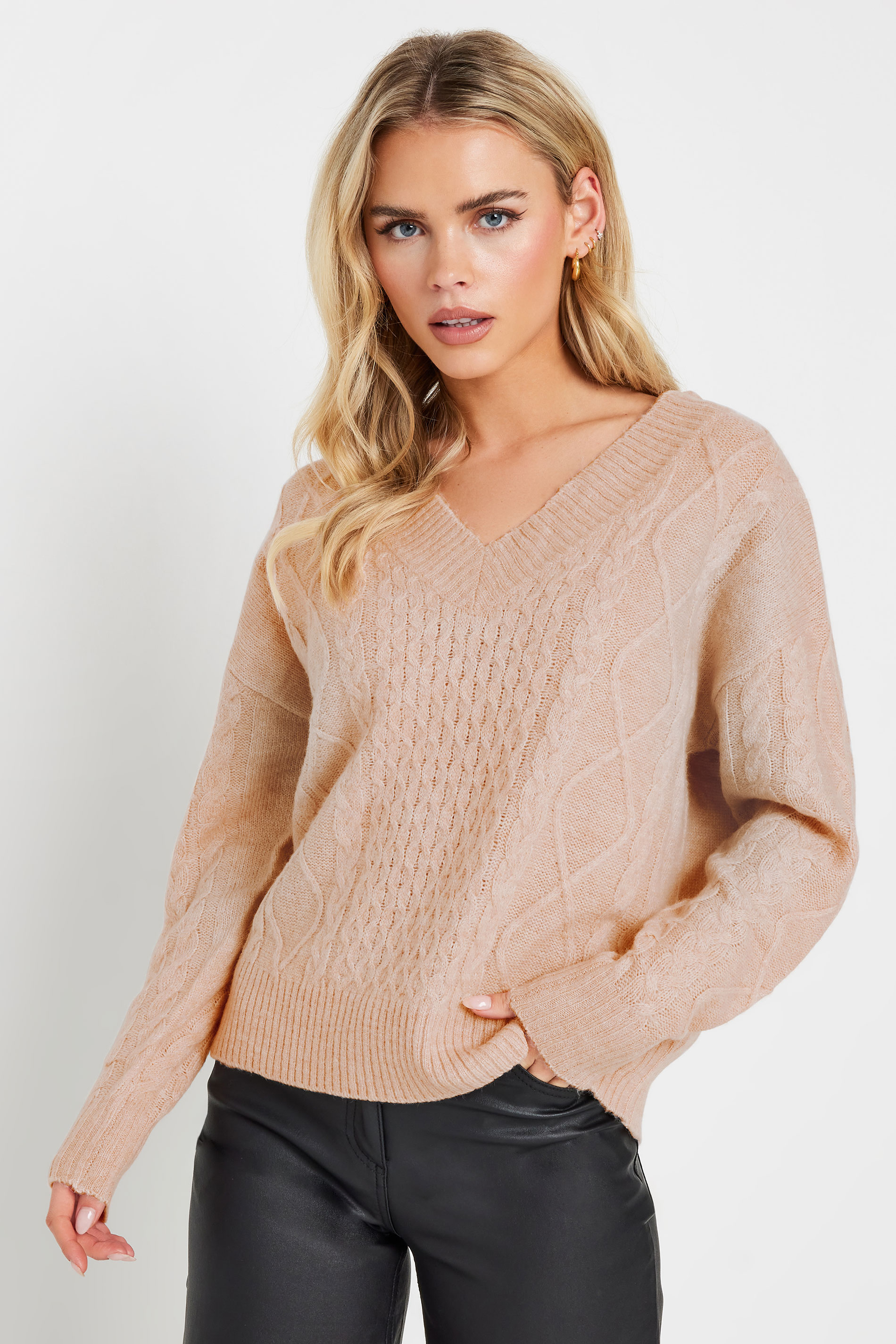 PixieGirl Petite Women's Blush Pink Cable Knit V-Neck Jumper | PixieGirl 1