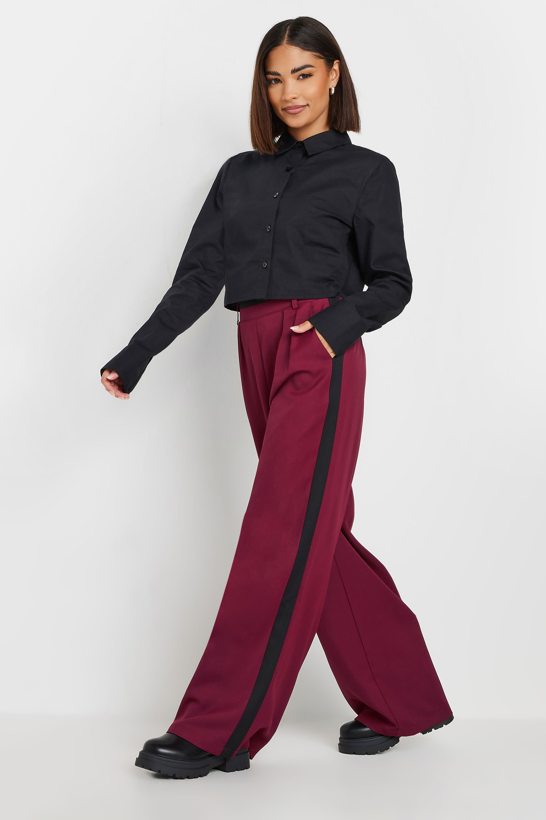 PixieGirl Petite Women's Burgundy Red Side Stripe Contrast Waist Wide Leg Trousers | PixieGirl 2