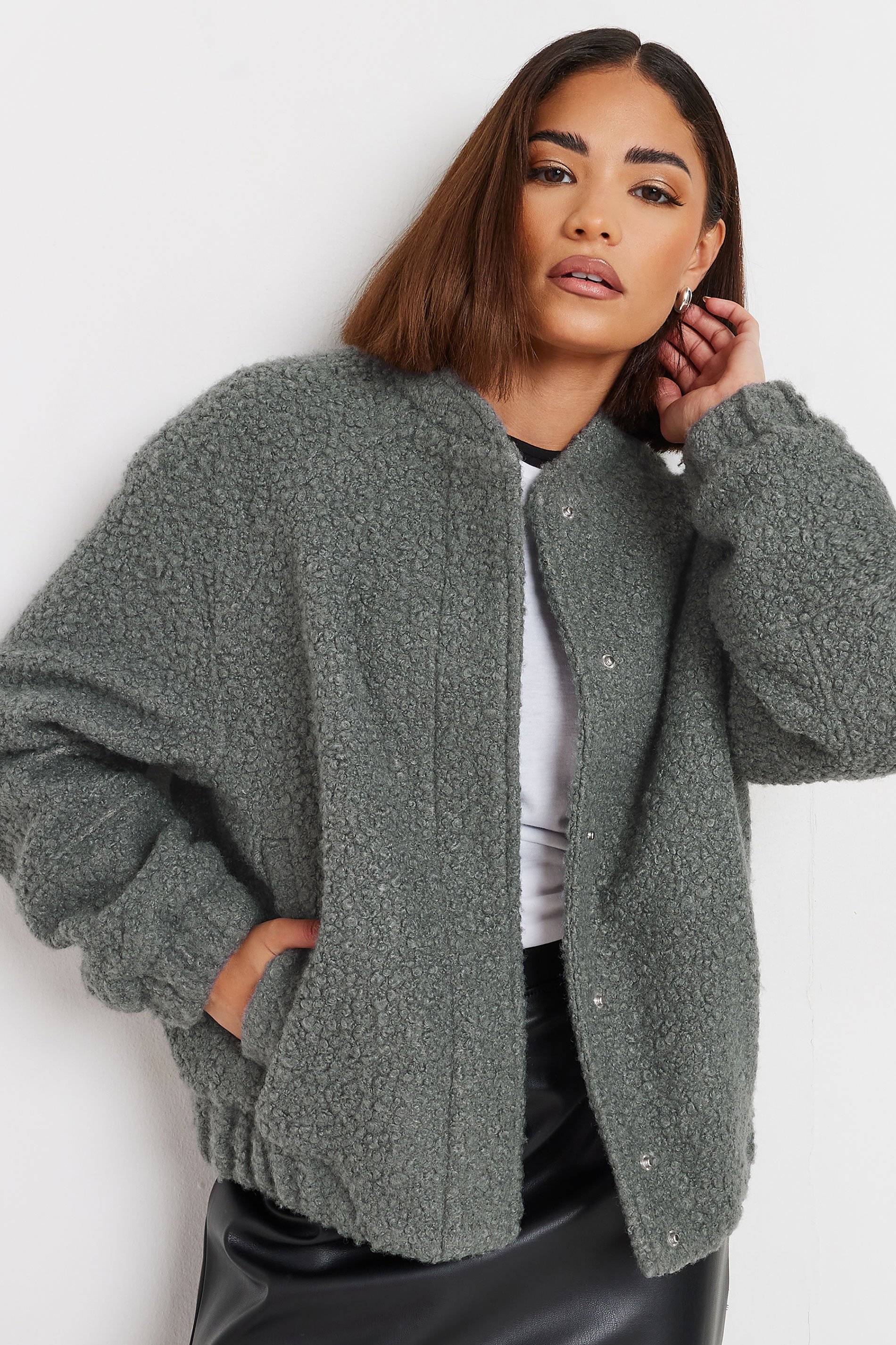 PixieGirl Petite Women's Grey Boucle Bomber Jacket | PixieGirl 4