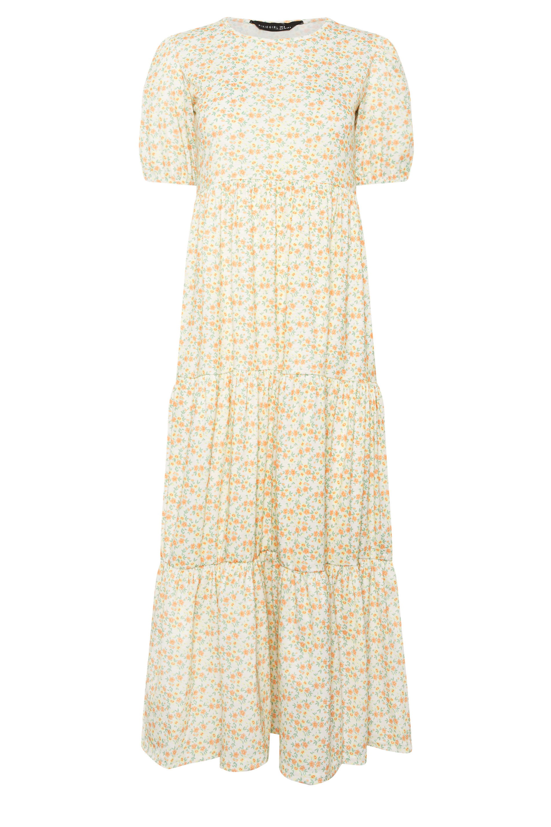 PixieGirl Petite Women's Orange Ditsy Floral Tiered Maxi Dress | PixieGirl 5