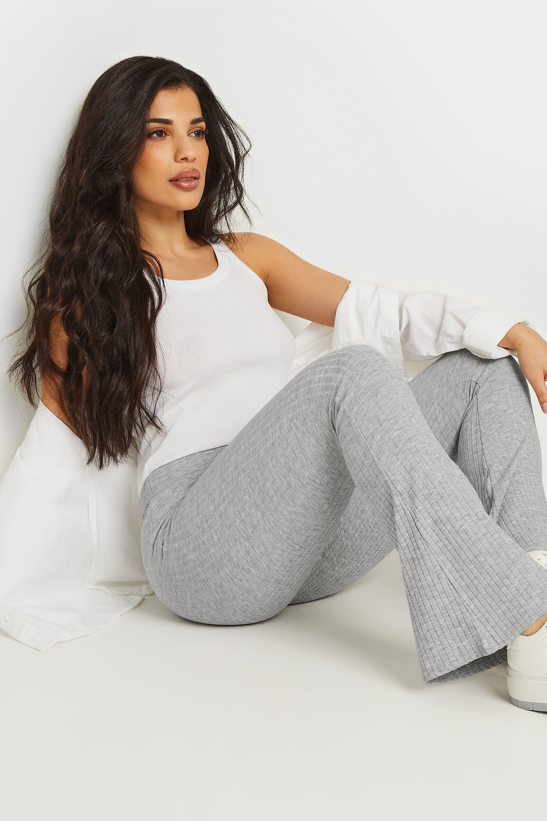 PixieGirl Petite Women's Light Grey Ribbed Flared Trousers | PixieGirl 4