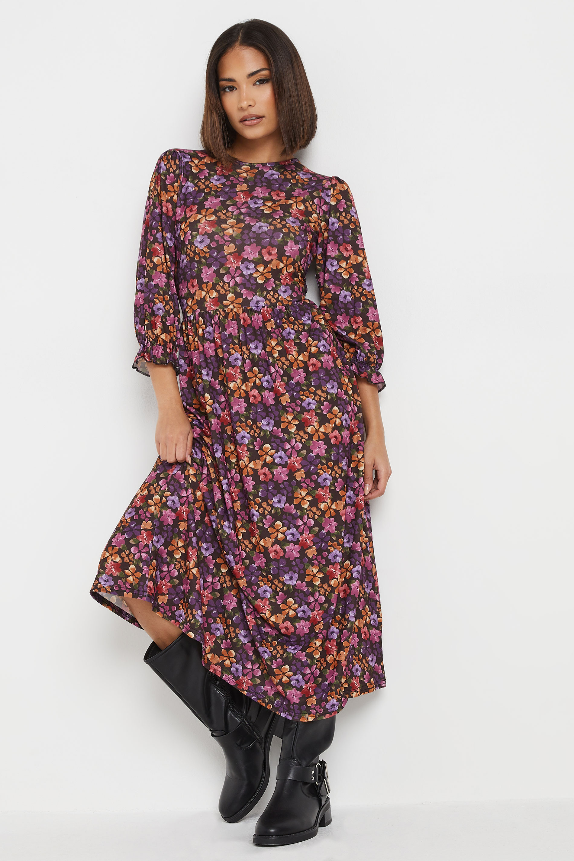 PixieGirl Petite Women's Purple Floral Print Midi Dress | PixieGirl 1