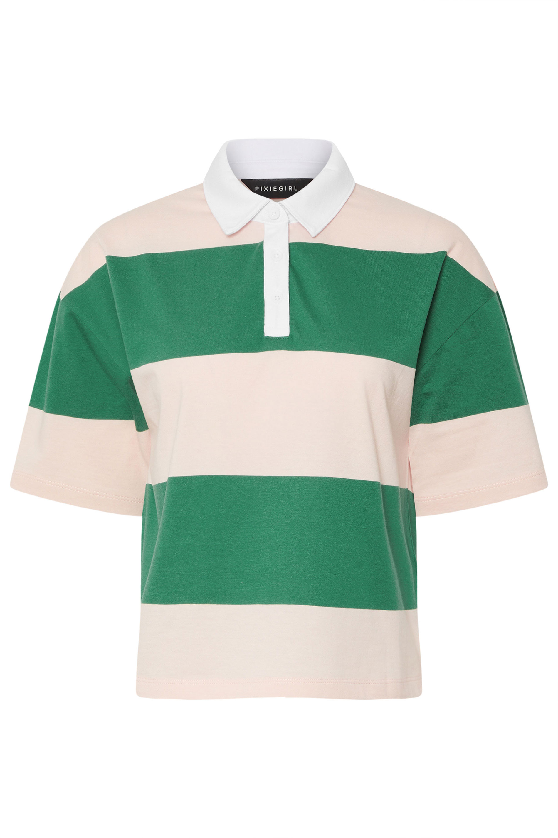 PixieGirl Petite Women's Green & Pink Cotton Striped Rugby Collar T-Shirt | PixieGirl 7