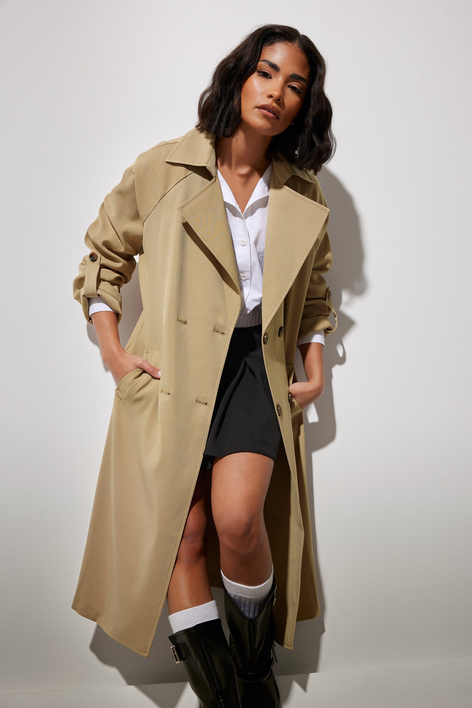 PixieGirl Petite Womens's Stone Brown Woven Lightweight Trench Coat | PixieGirl 1