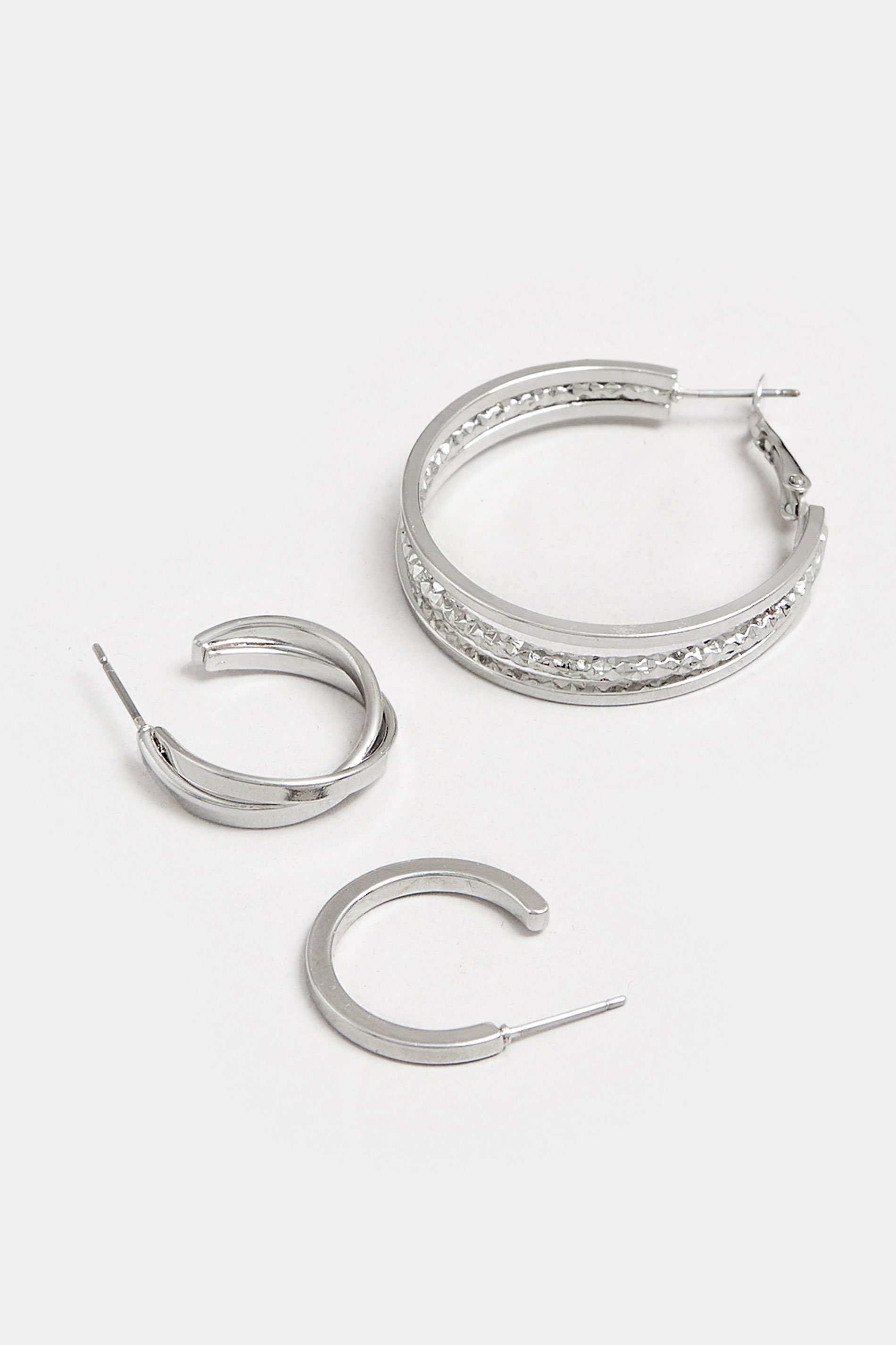 3 PACK Silver Tone Mixed Hoop Earrings Set | Yours Clothing 4