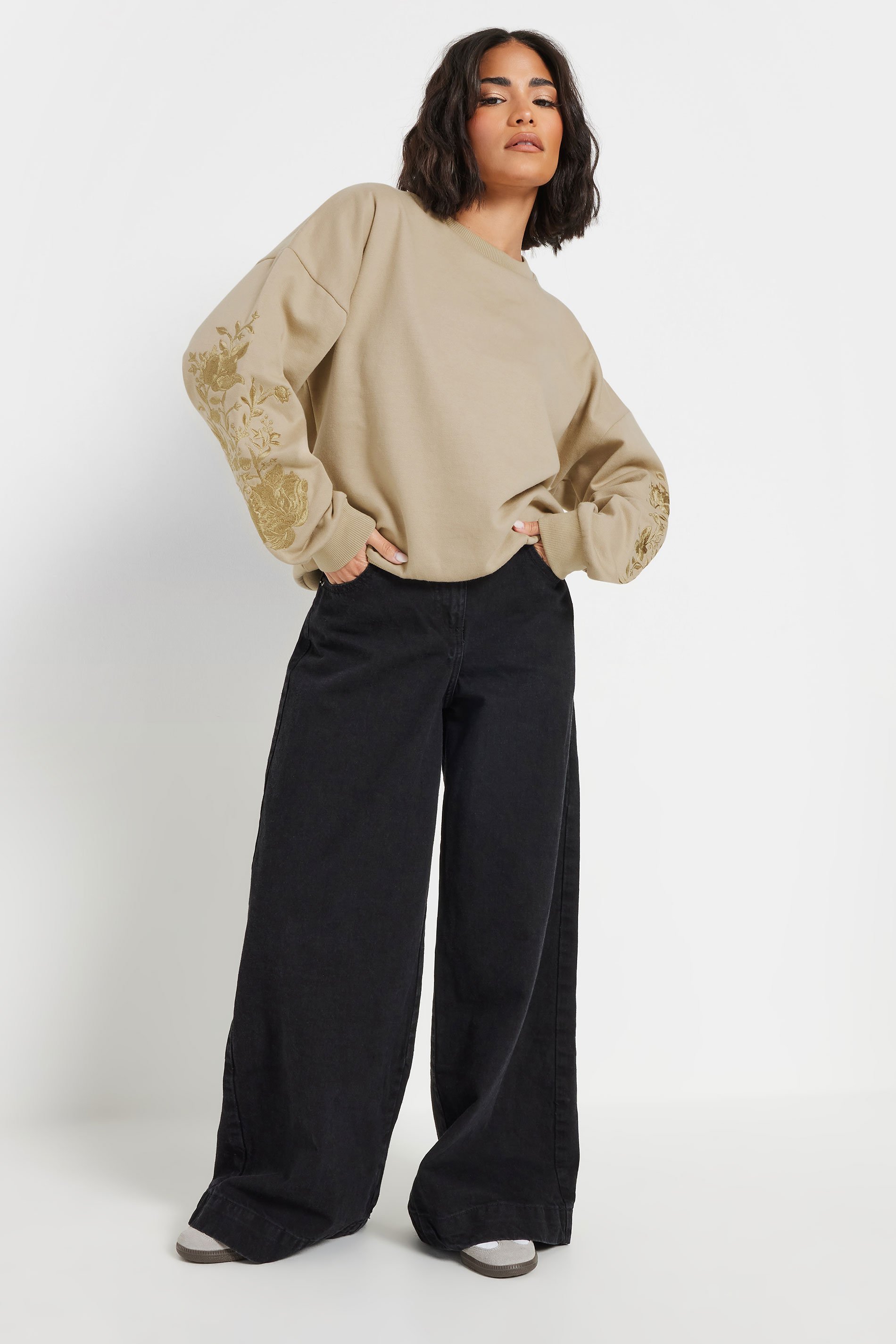 PixieGirl Petite Women's Natural Brown Floral Embroidered Sweatshirt | PixieGirl 3