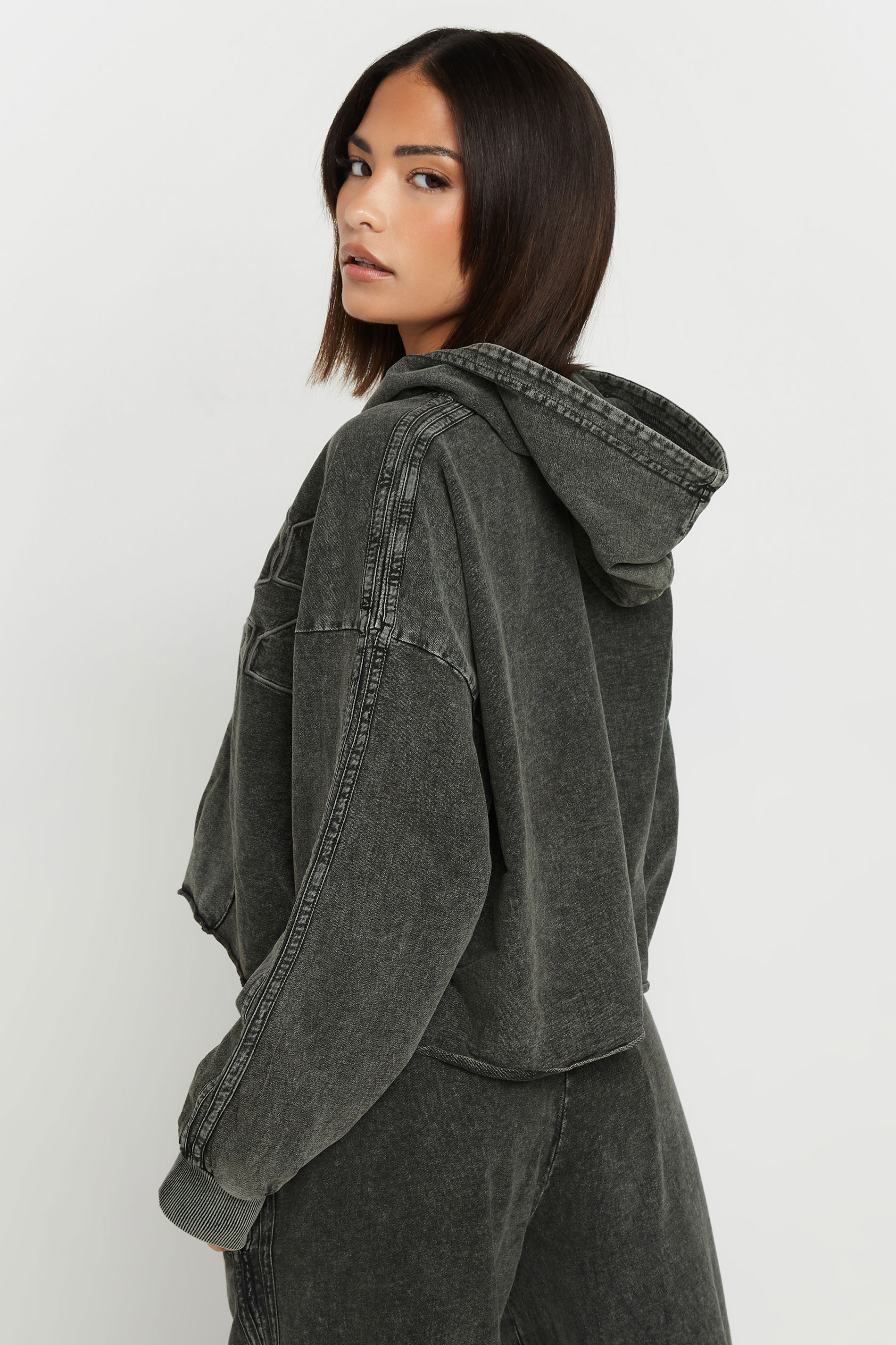 PixieGirl Petite Women's Grey Acid Wash Cropped Hoodie | PixieGirl 4