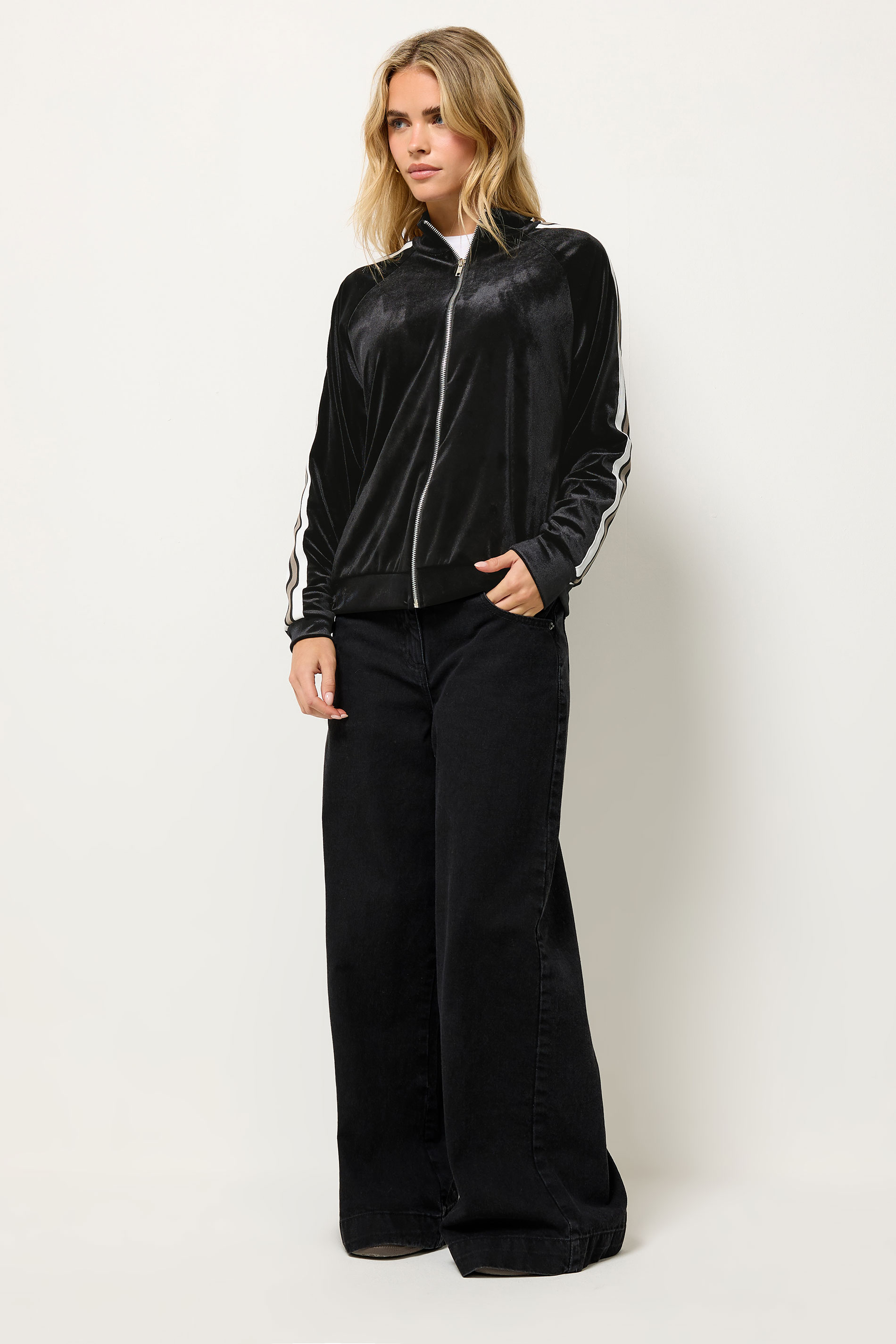 PixieGirl Petite Women's Black Velour Side Stripe Zip Jumper | PixieGirl 2