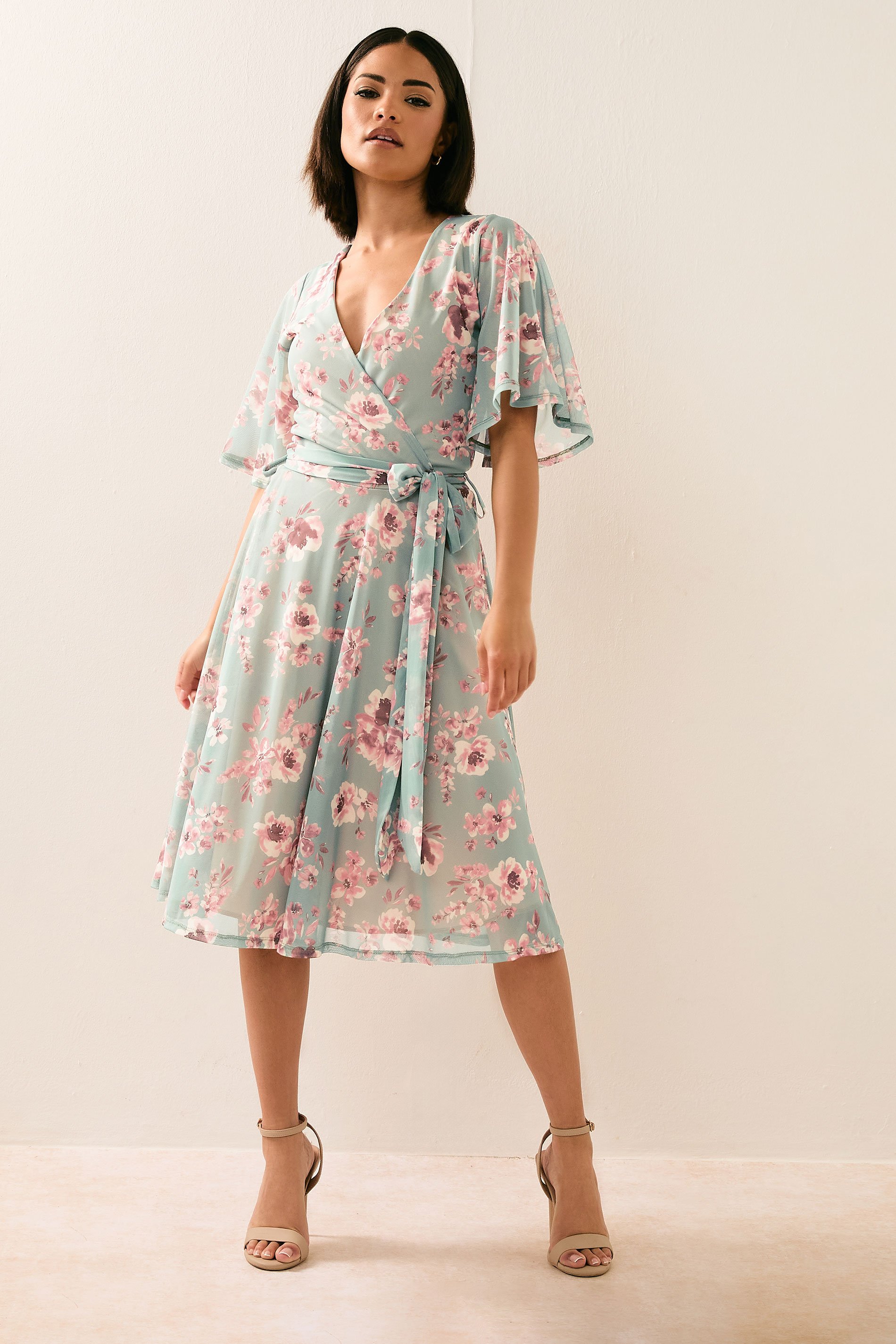 PixieGirl Petite Women's Sage Green Mesh Floral Wrap Midi Dress | PixieGirl 1