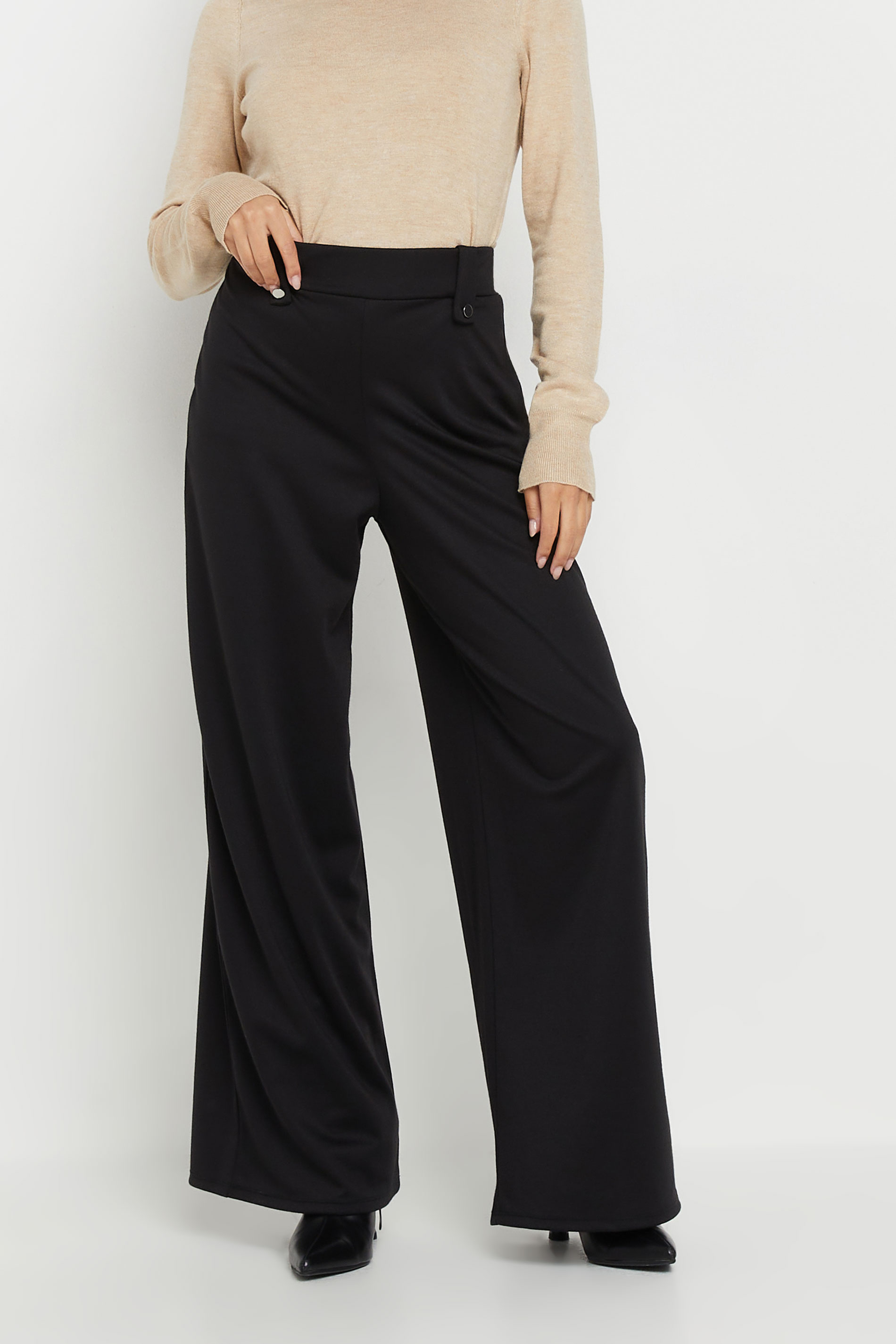 PixieGirl Petite Women's Black Tailored Tab Wide Leg Trousers | PixieGirl 2