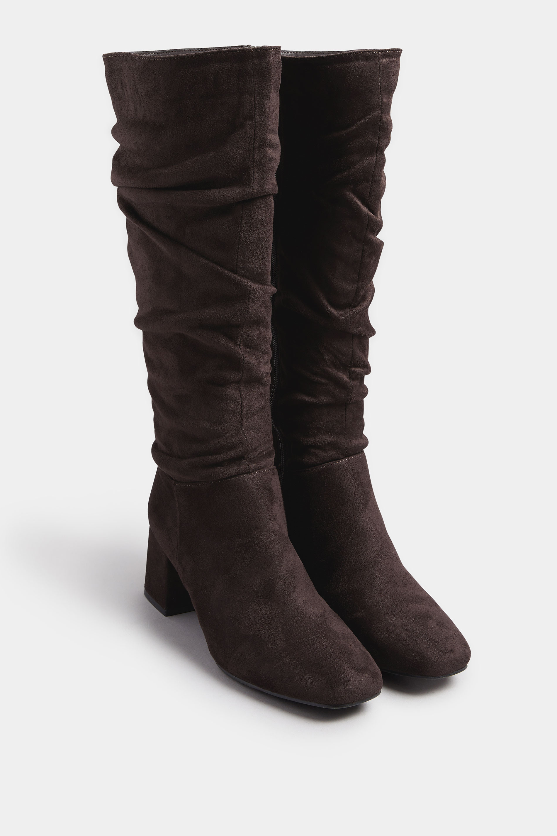 Chocolate Brown Faux Suede Ruched Knee High Boots In Standard Fit | Yours Clothing 3