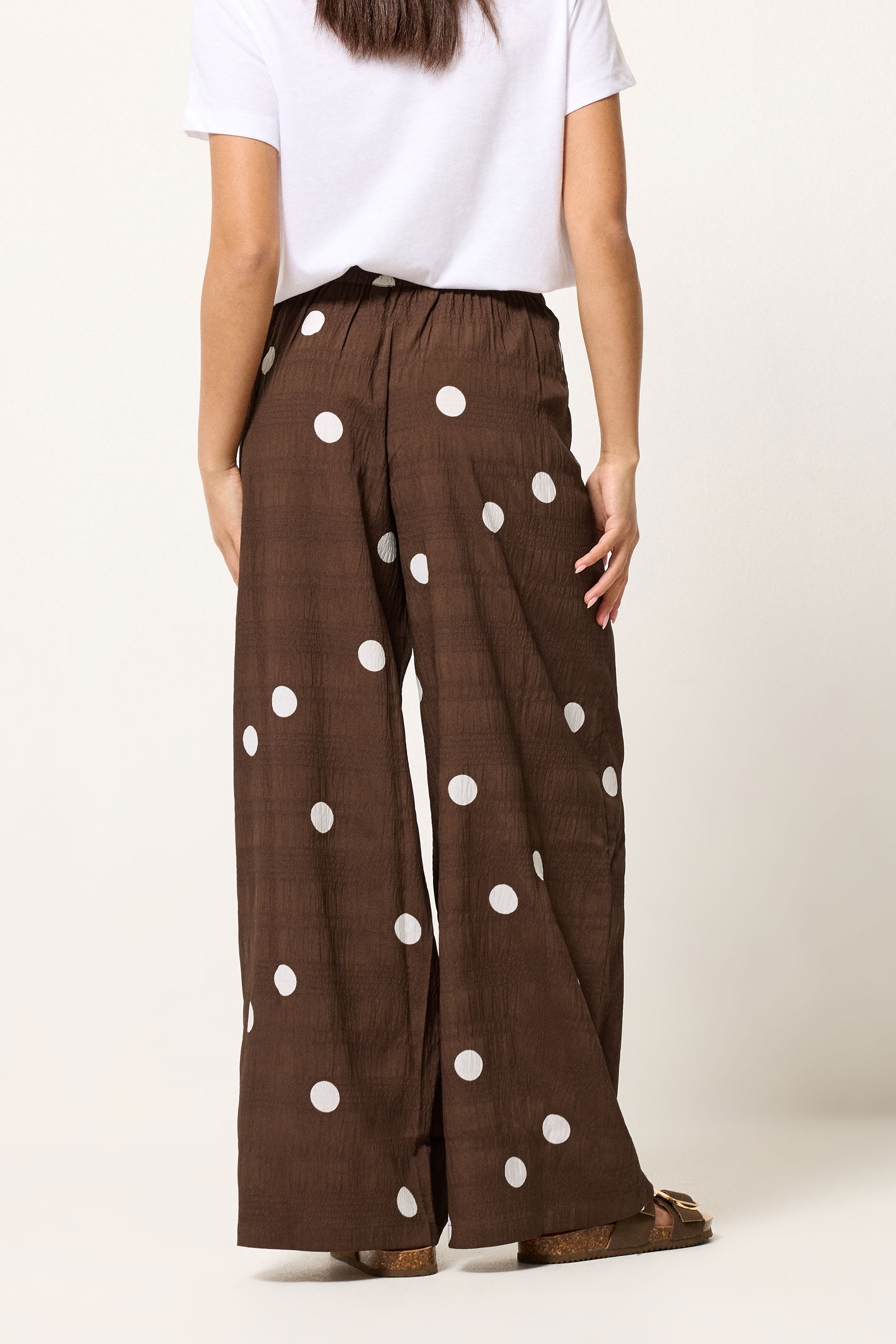 PixieGirl Petite Women's Chocolate Brown Polka Dot Wide Leg Trousers | PixieGirl  4
