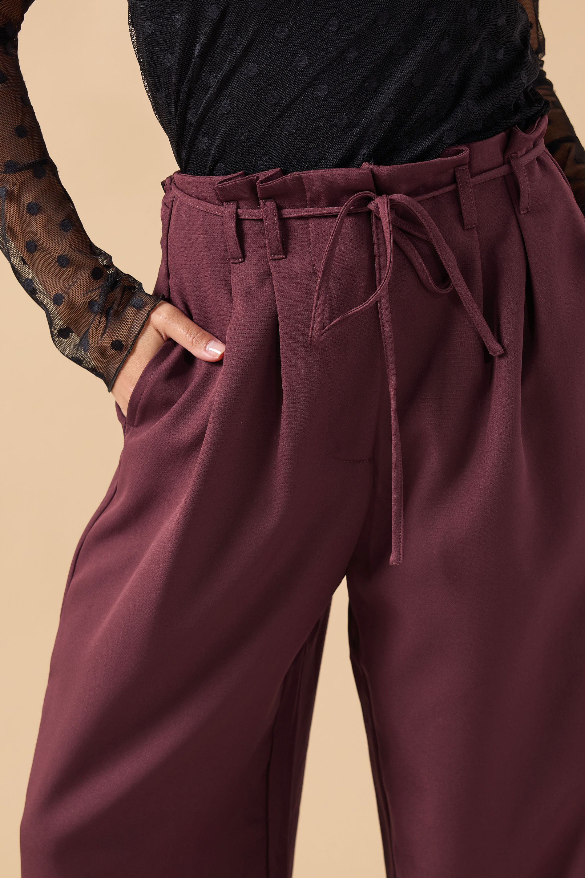 PixieGirl Petite Womens Burgundy Red Tie Wide Leg Trousers | PixieGirl 4