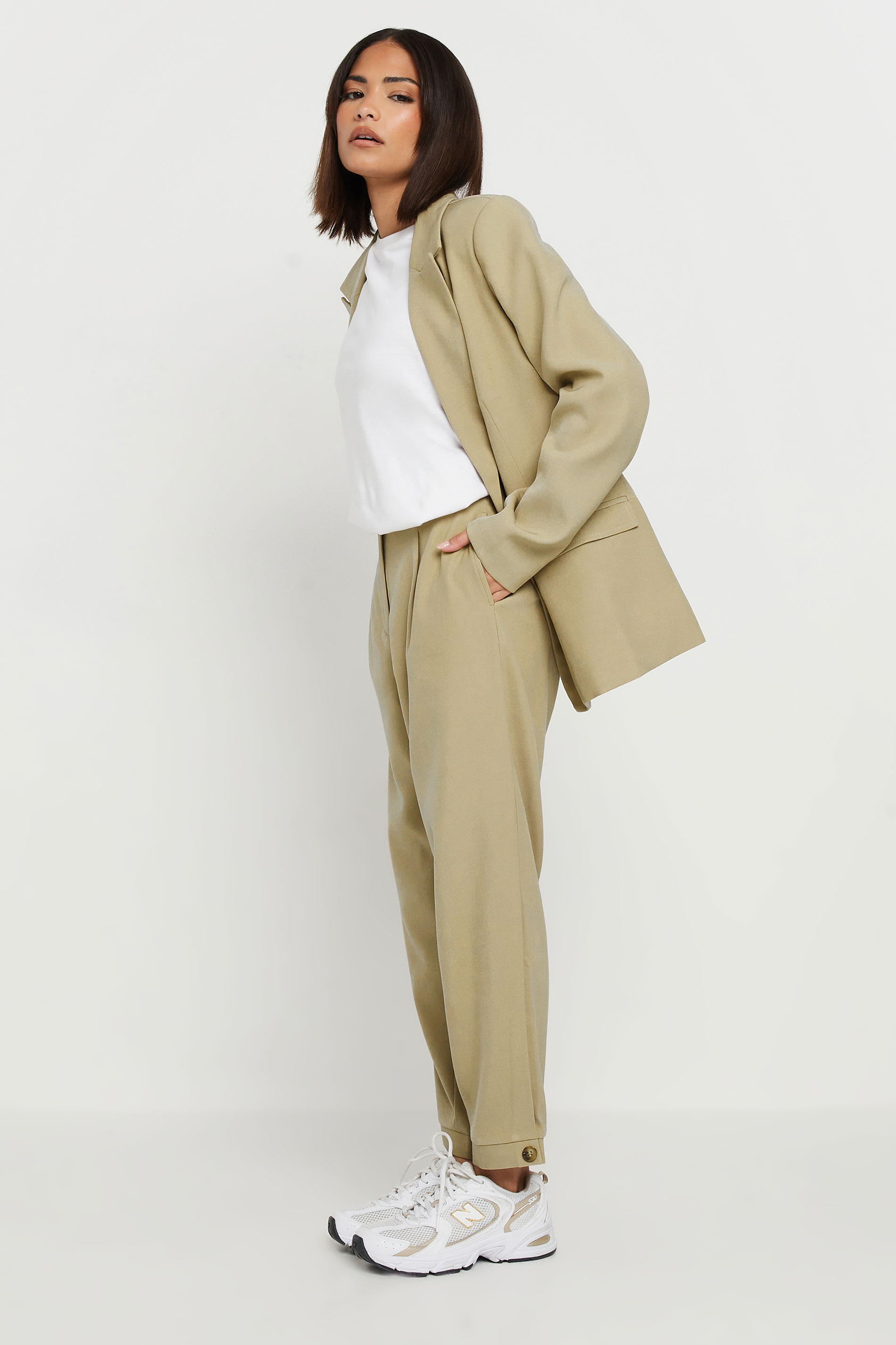 PixieGirl Petite Women's Stone Brown Tailored Barrel Button Trousers | PixieGirl 1