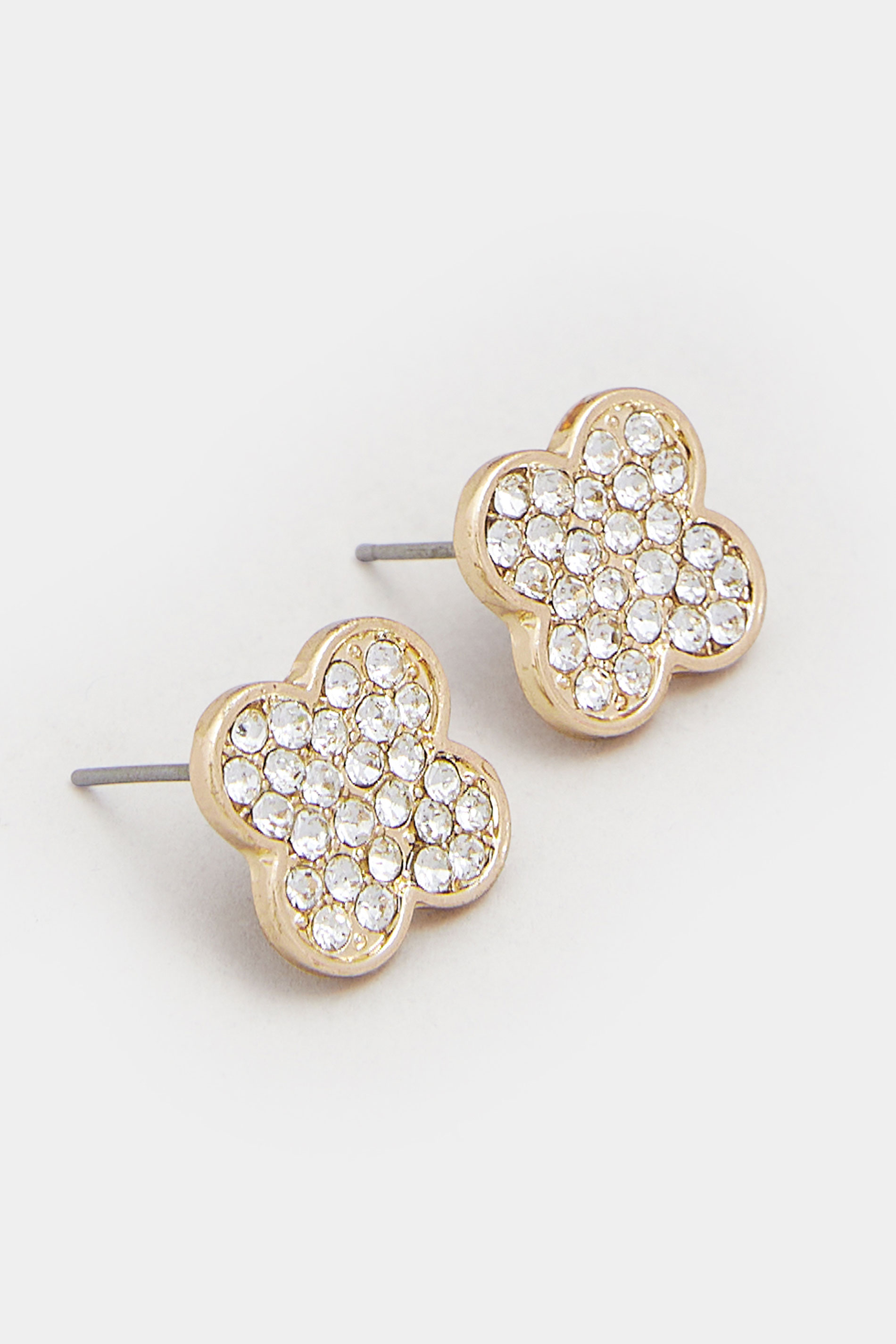 Gold Tone Clover Diamante Stud Earrings | Yours Clothing 3