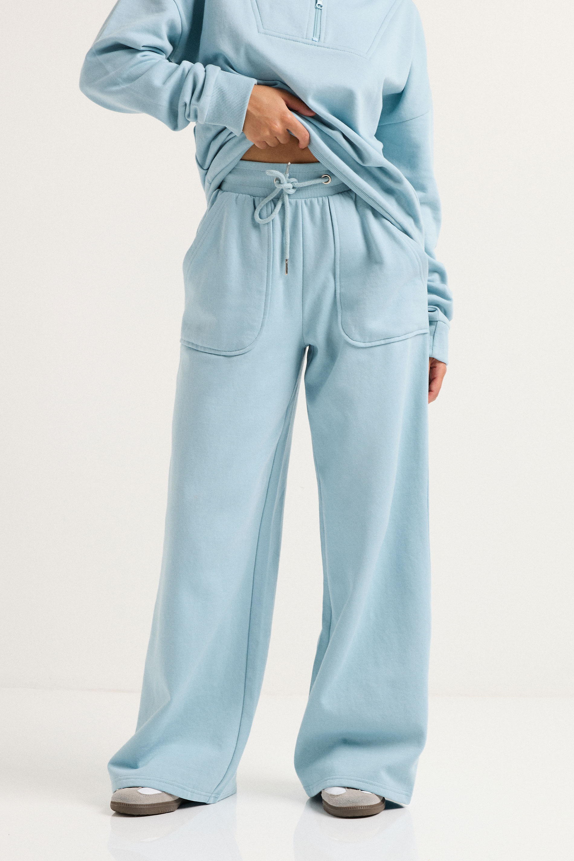 PixieGirl Petite Women's Light Blue Pocket Patch Wide Leg Joggers | PixieGirl 3