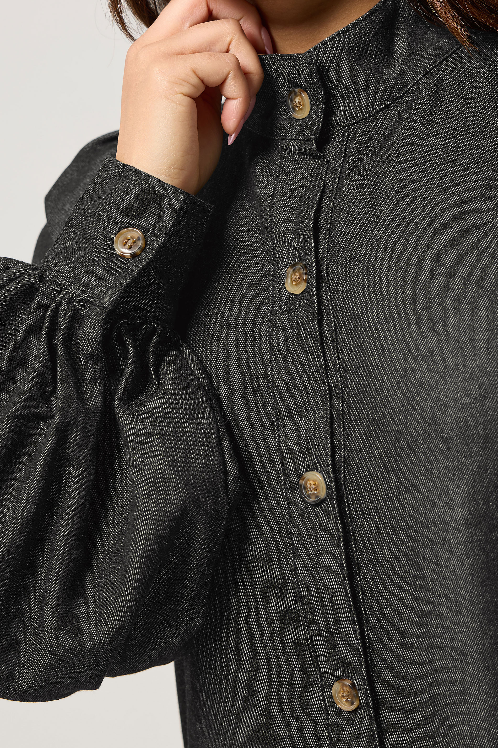 PixieGirl Petite Women's Black Denim Balloon Sleeve Shirt Dress | PixieGirl 4