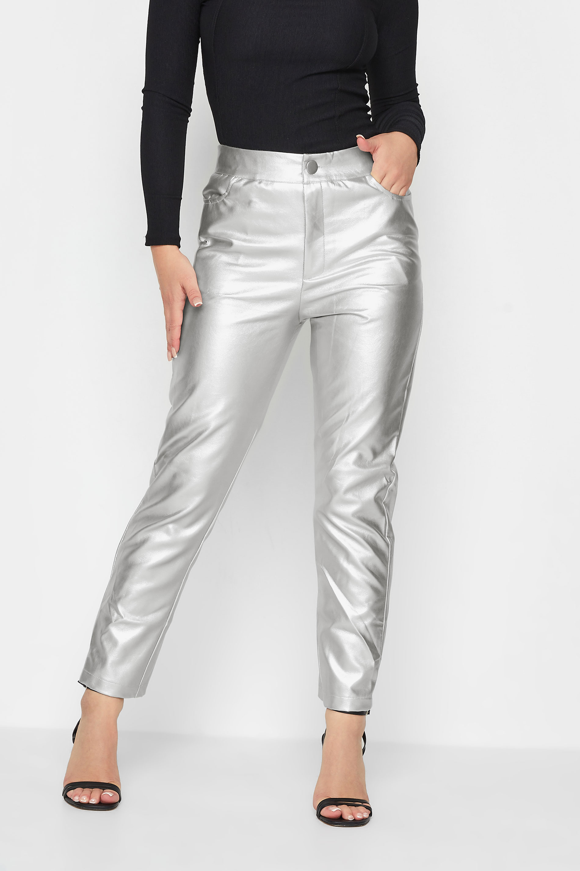 PixieGirl Silver Metallic Straight Leg Trousers | PixieGirl 2