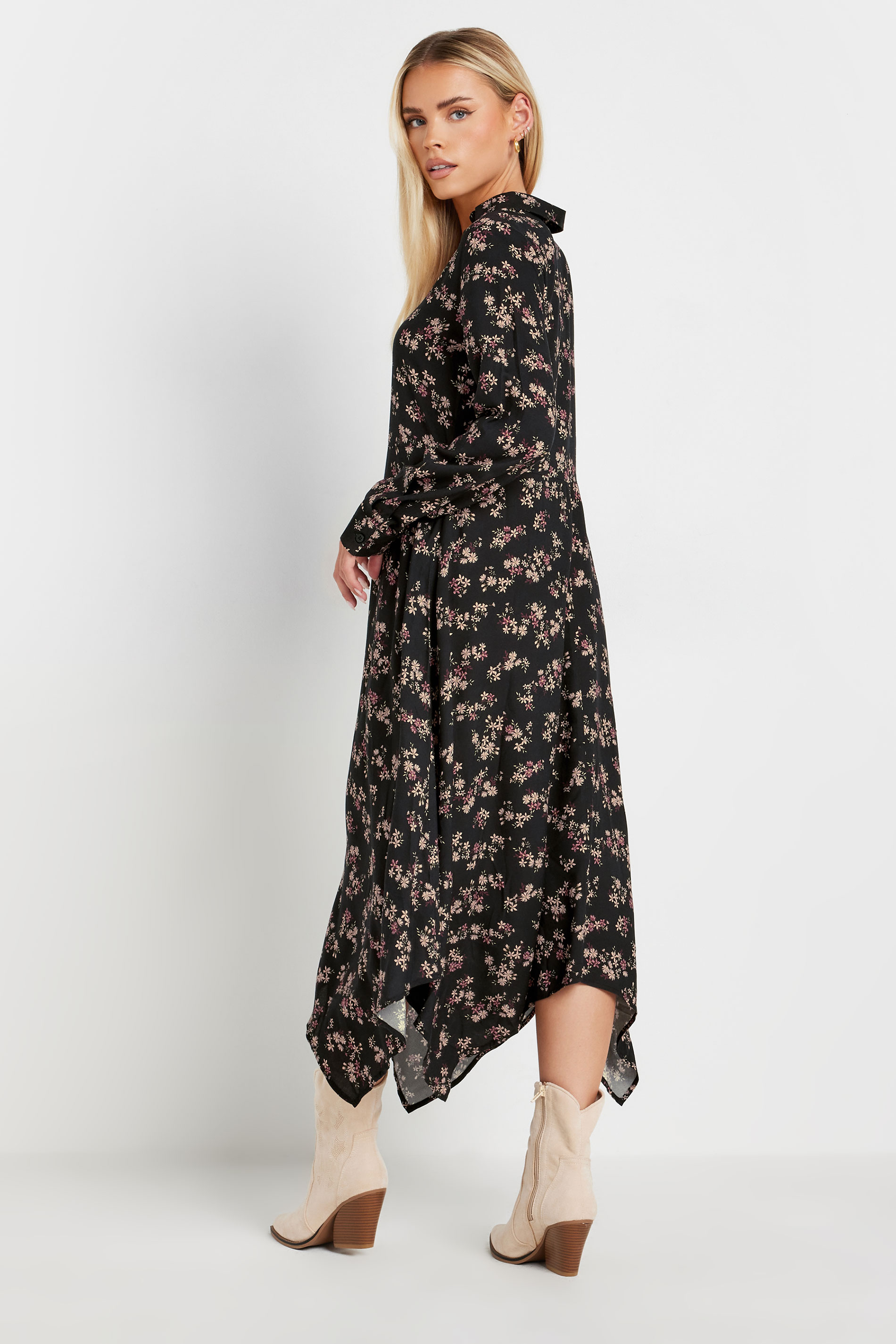 PixieGirl Petite Women's Black Ditsy Floral Hanky Hem Midaxi Dress | PixieGirl 3