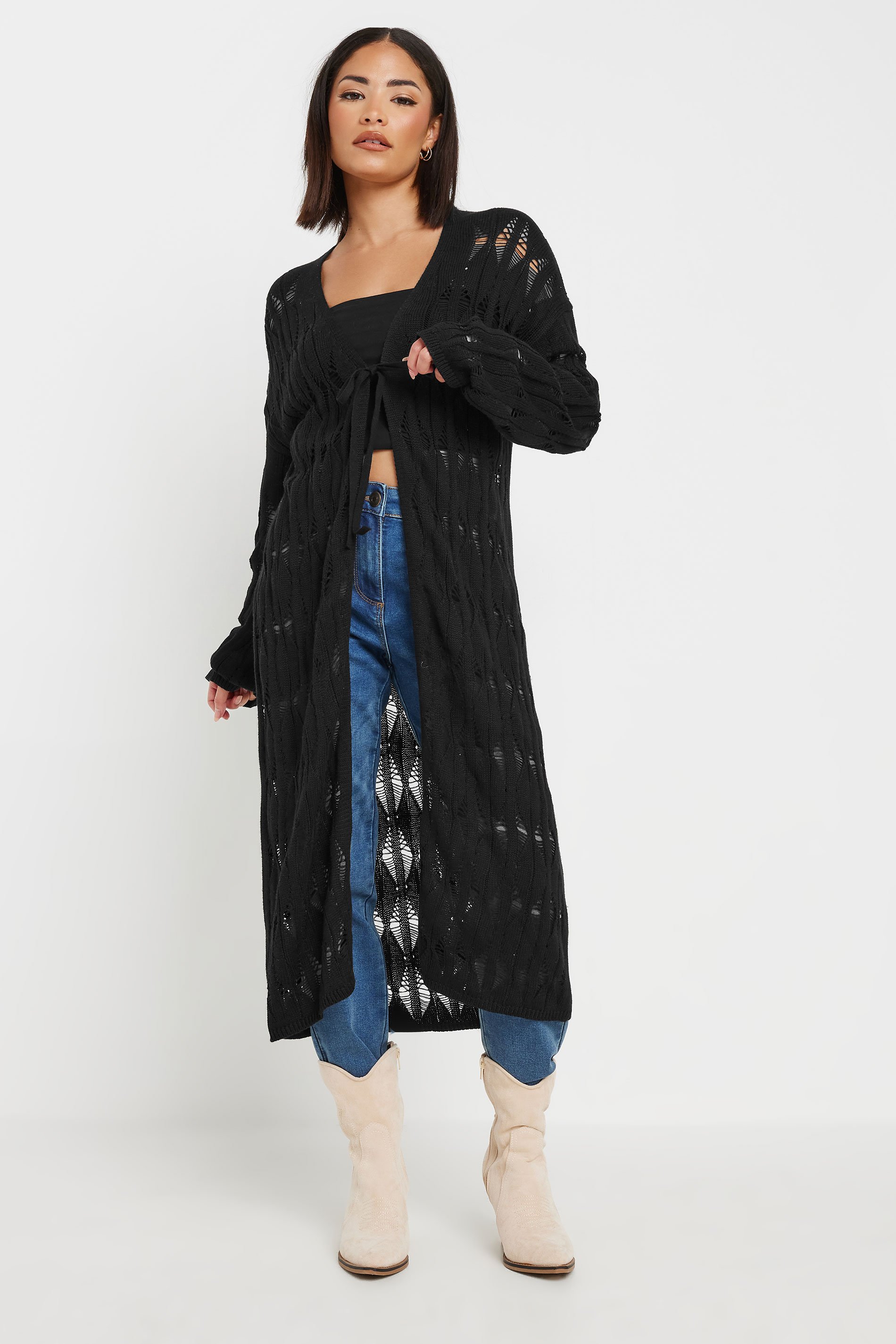 PixieGirl Petite Women's Black Crochet Maxi Tie Cardigan | PixieGirl 1