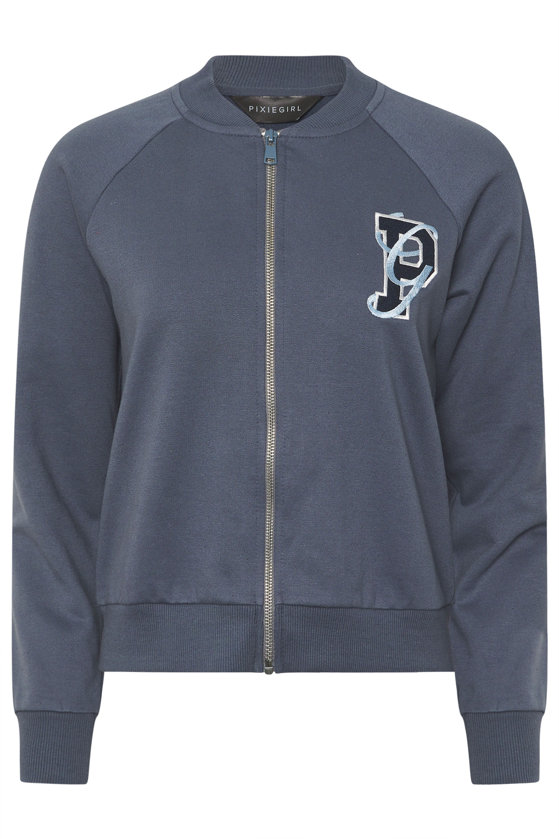 PixieGirl Petite Women's Blue Embroidered Initial Jersey Bomber Jacket | PixieGirl 6