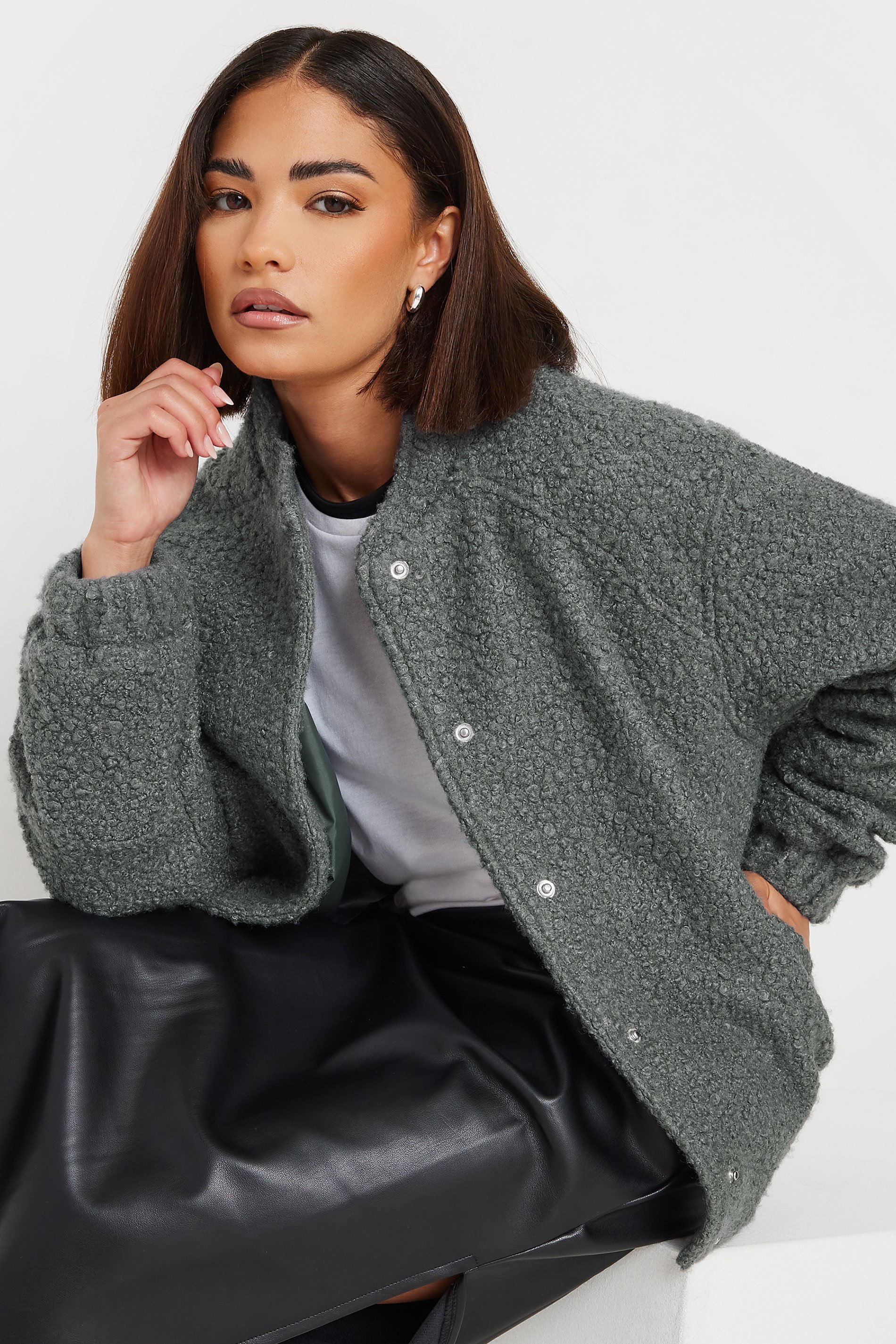 PixieGirl Petite Women's Grey Boucle Bomber Jacket | PixieGirl 1