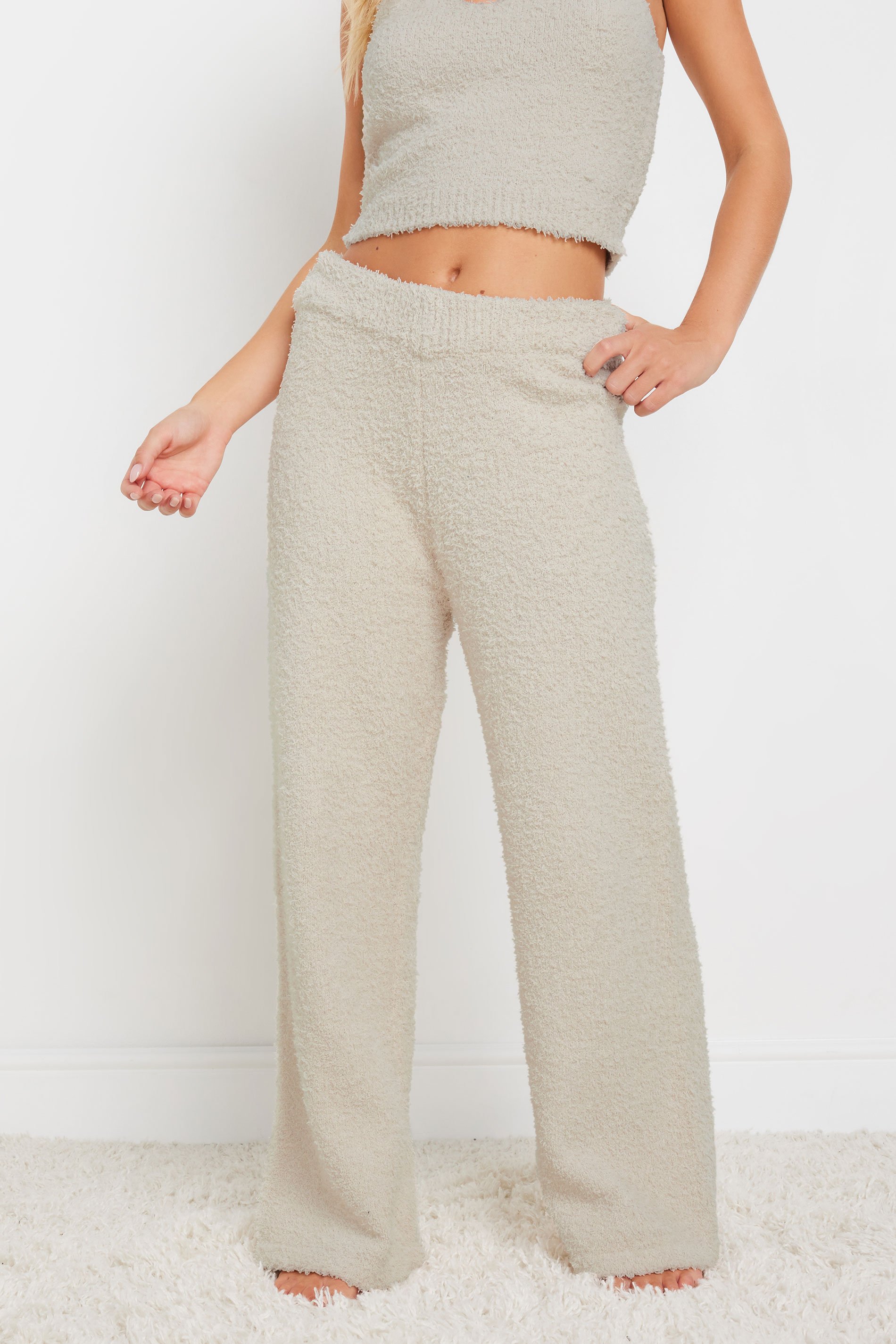 PixieGirl Petite Women's Cream Fluffy Fleece Wide Leg Trousers | PixieGirl 2