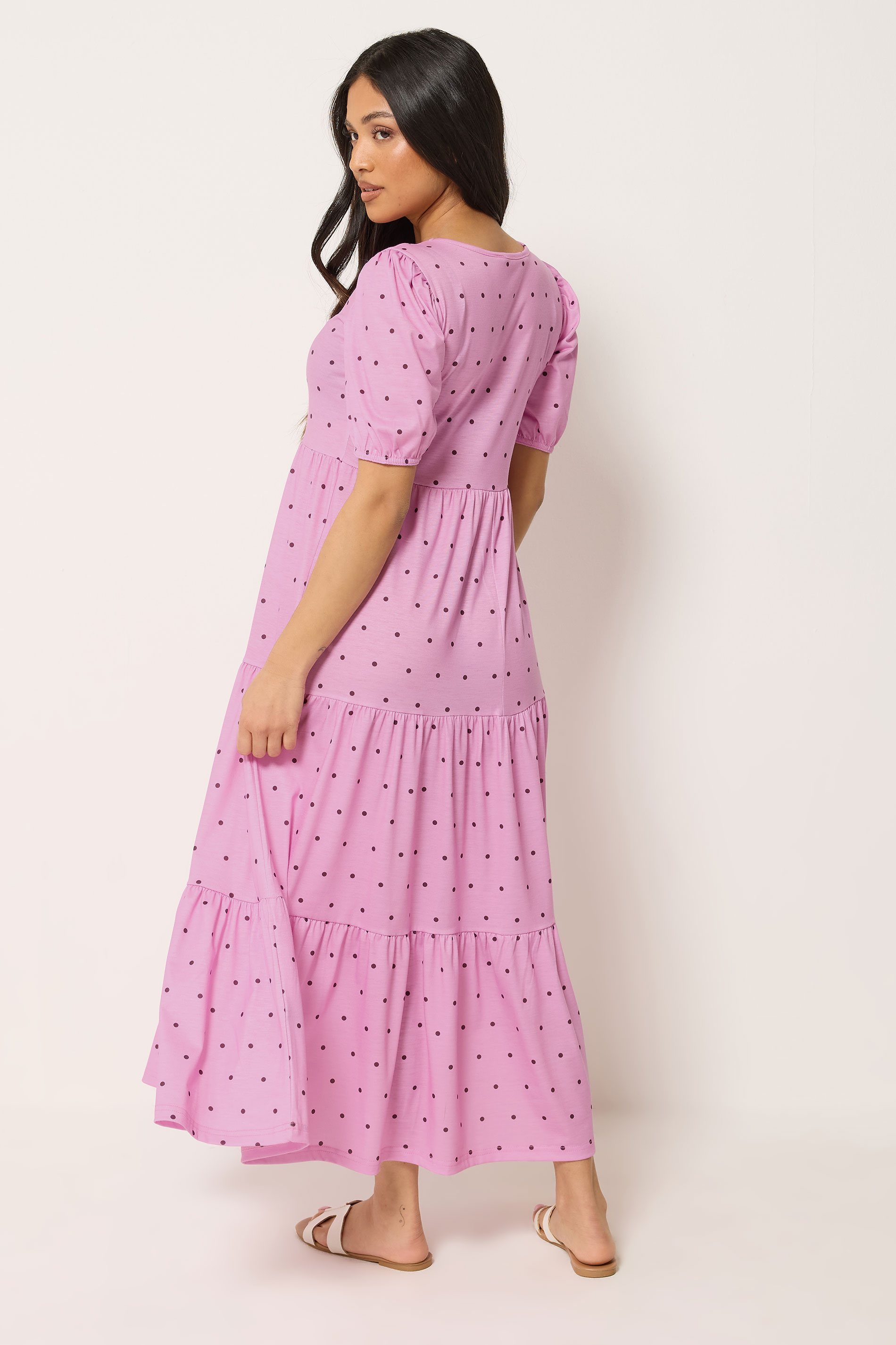 PixieGirl Petite Women's Pink Polka Dot Tiered Maxi Dress | PixieGirl