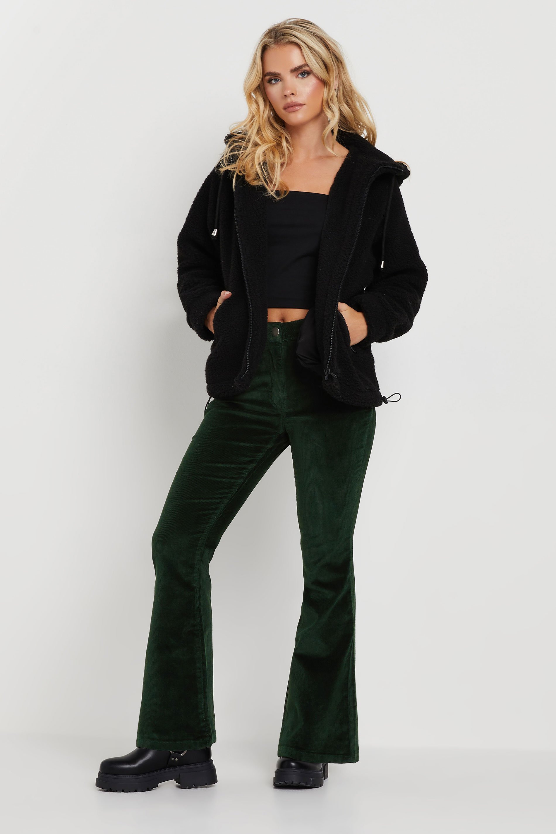 PixieGirl Petite Women's Dark Green Cord Flared Trousers | PixieGirl 1