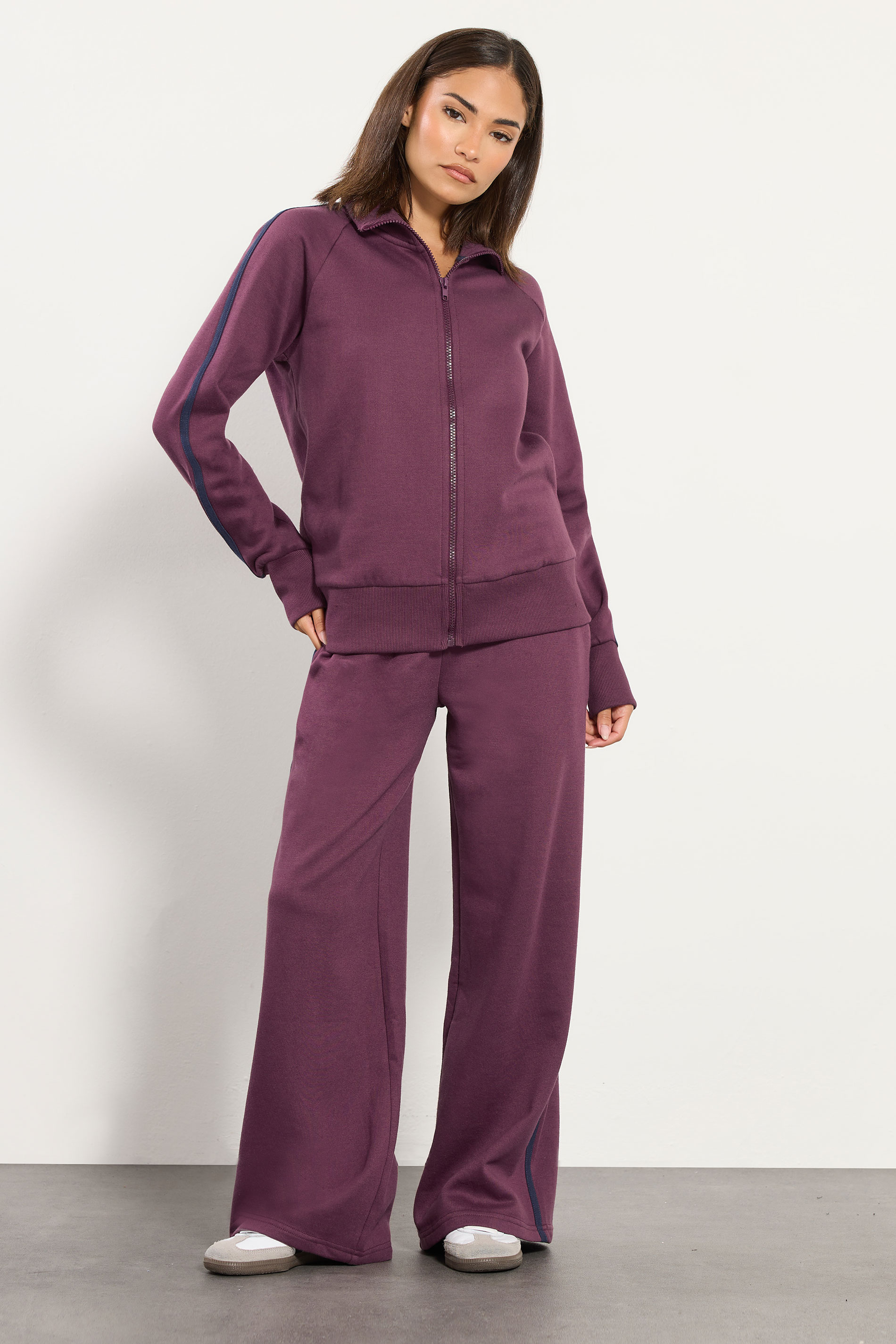 PixieGirl Petite Women's Burgundy Red Stripe Collar Zip Sweatshirt | PixieGirl  2