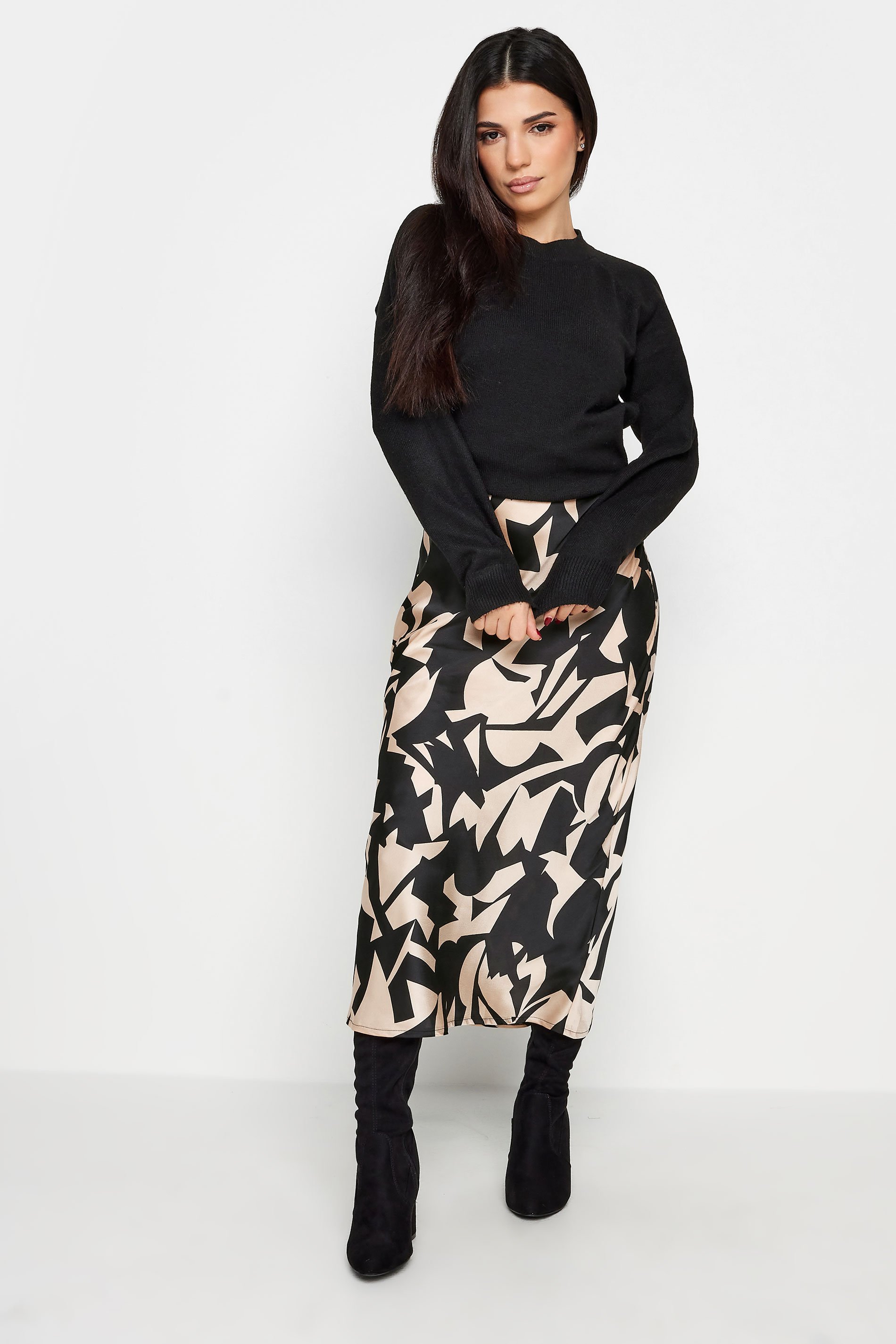 PixieGirl Black Abstract Print Satin Midaxi Skirt | PixieGirl  1