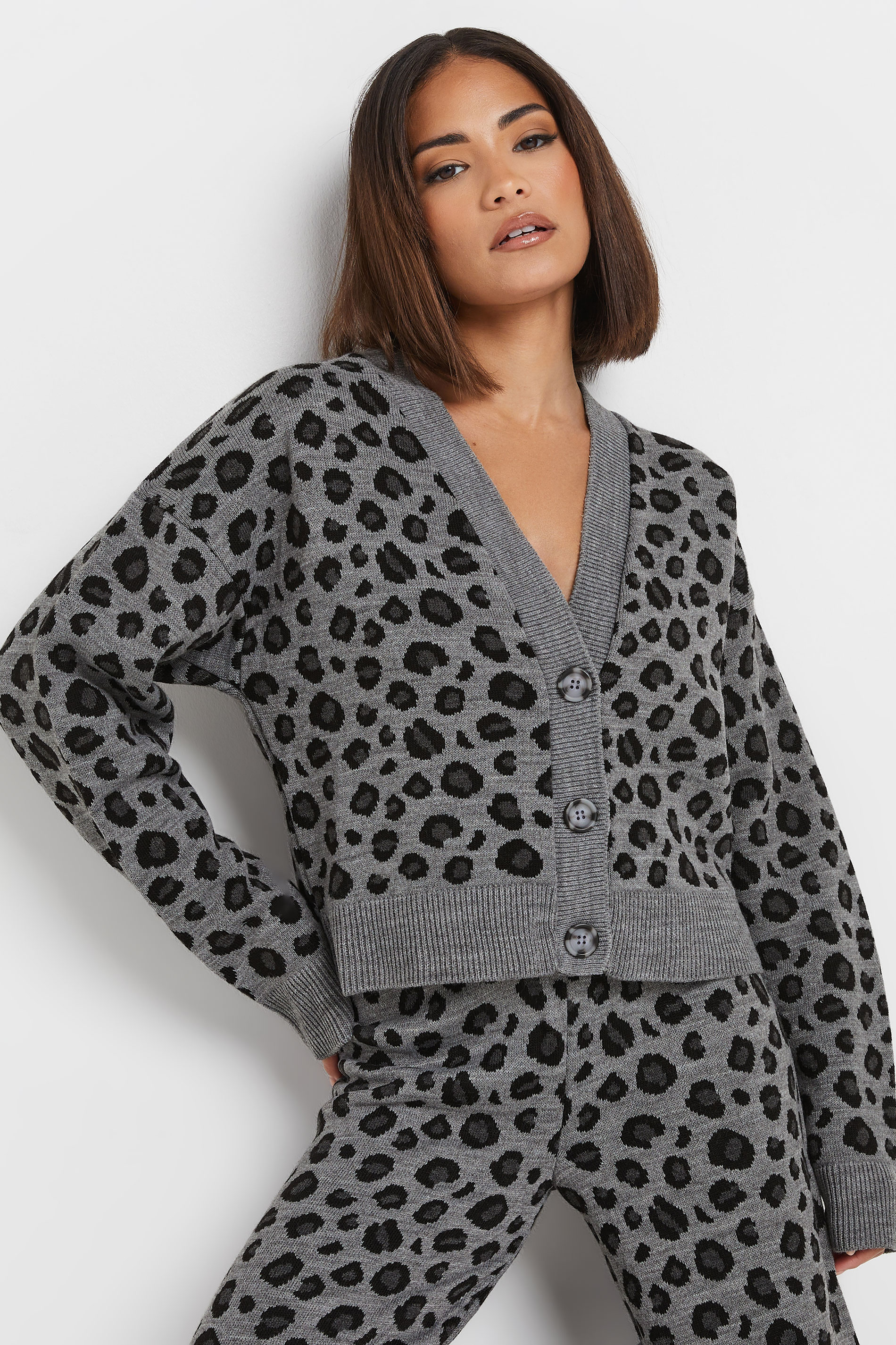 PixieGirl Petite Women's Grey Leopard Print Cropped Cardigan | PixieGirl 1