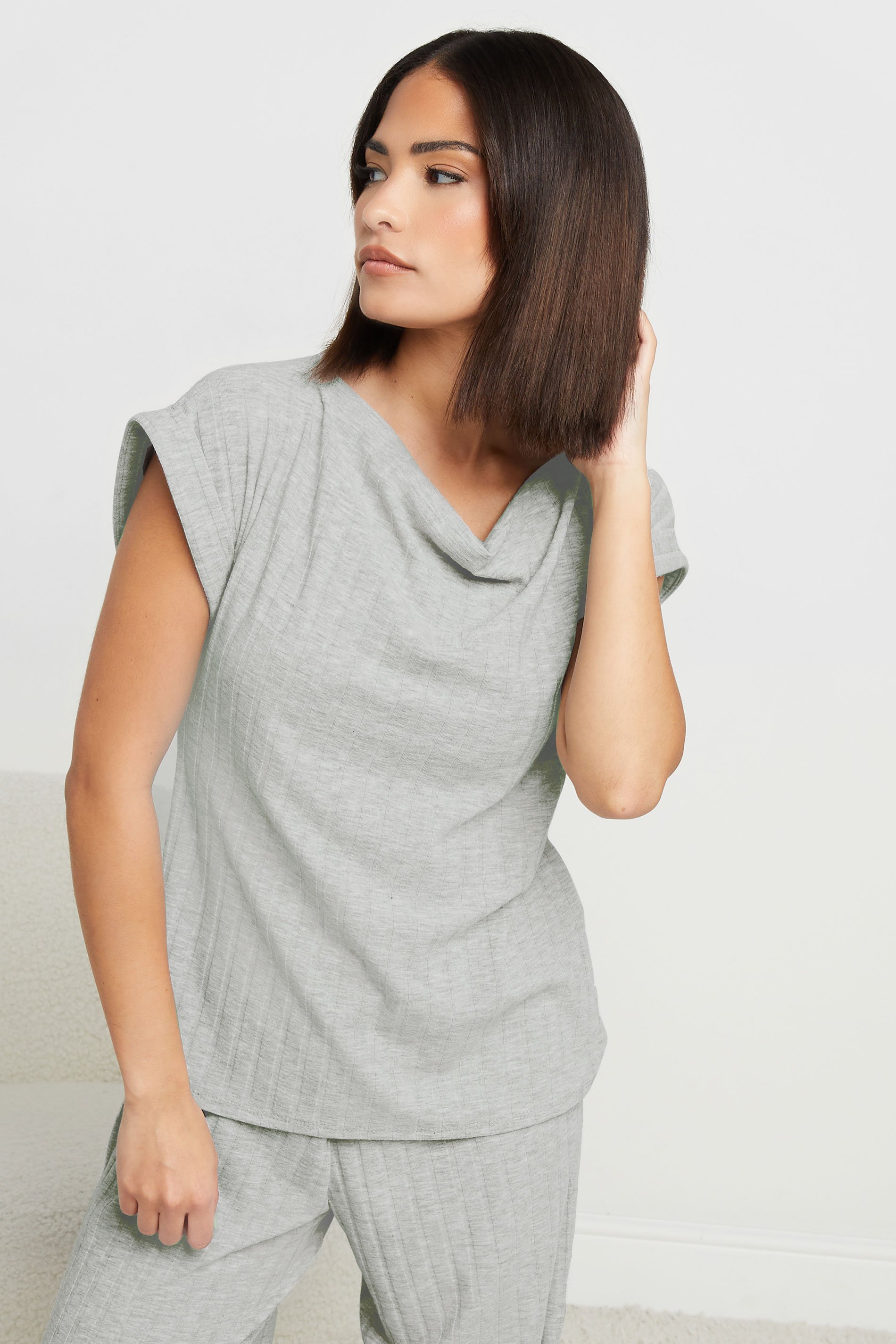 PixieGirl Petite Women's Grey Ribbed Cowl Neck Top | PixieGirl 1
