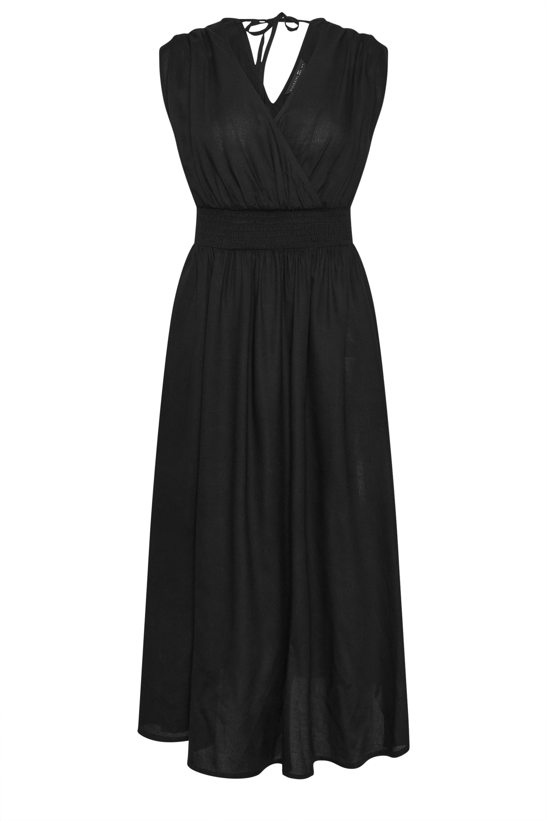 PixieGirl Petite Women's Black Shirred Waist Midi Dress | PixieGirl 5