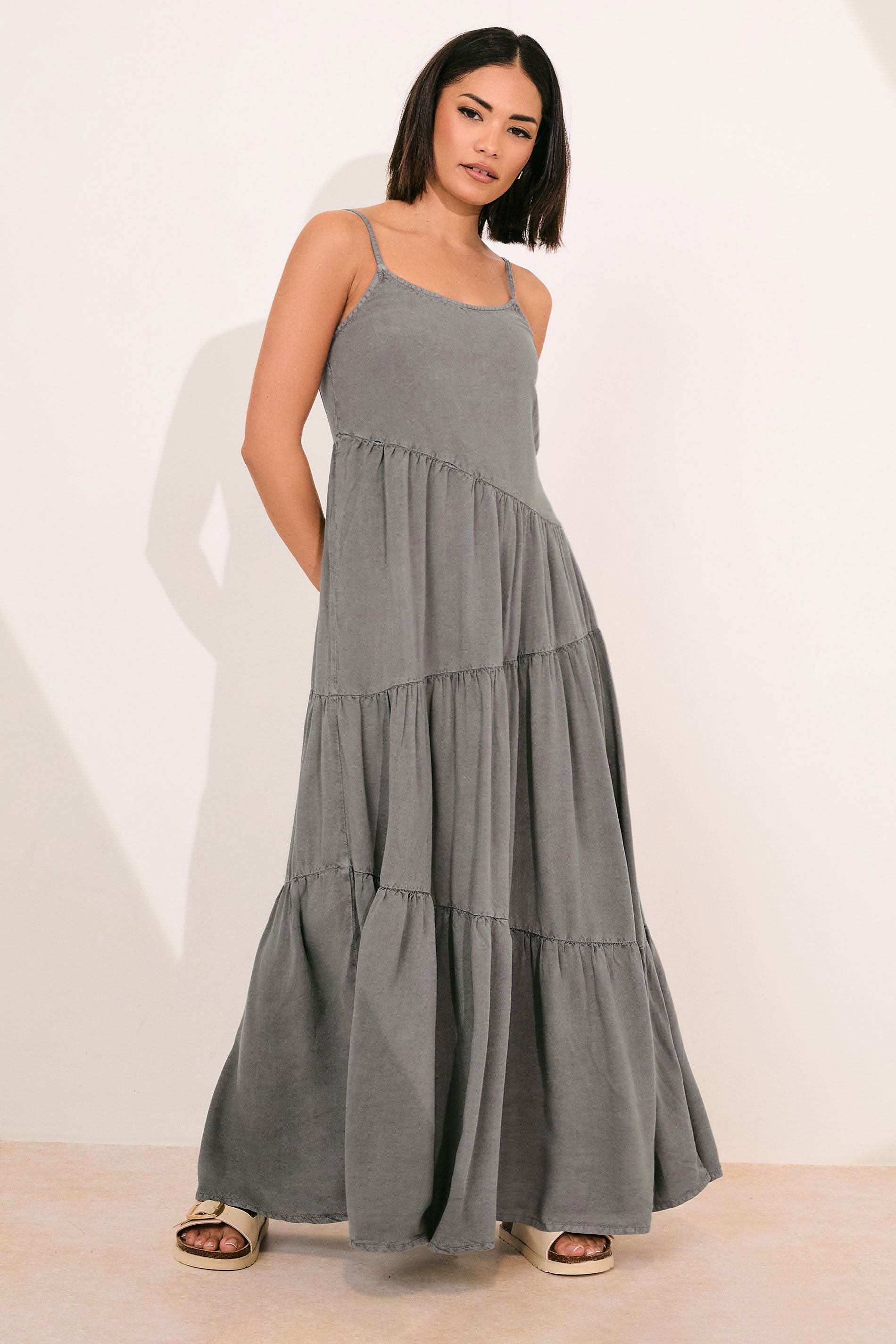 PixieGirl Petite Women's Grey Acid Wash Asymmetric Tiered Maxi Dress | PixieGirl 1