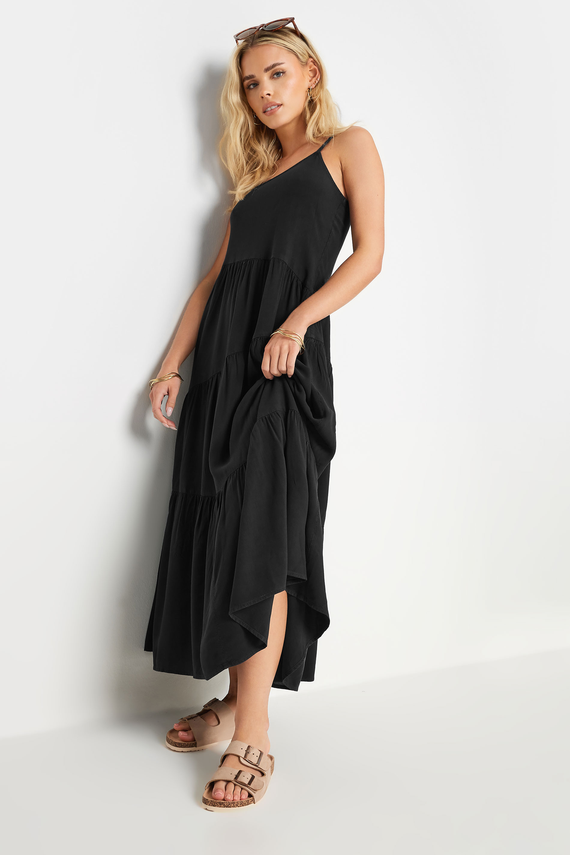 PixieGirl Petite Women's Black Asymmetric Tiered Maxi Dress | PixieGirl 2