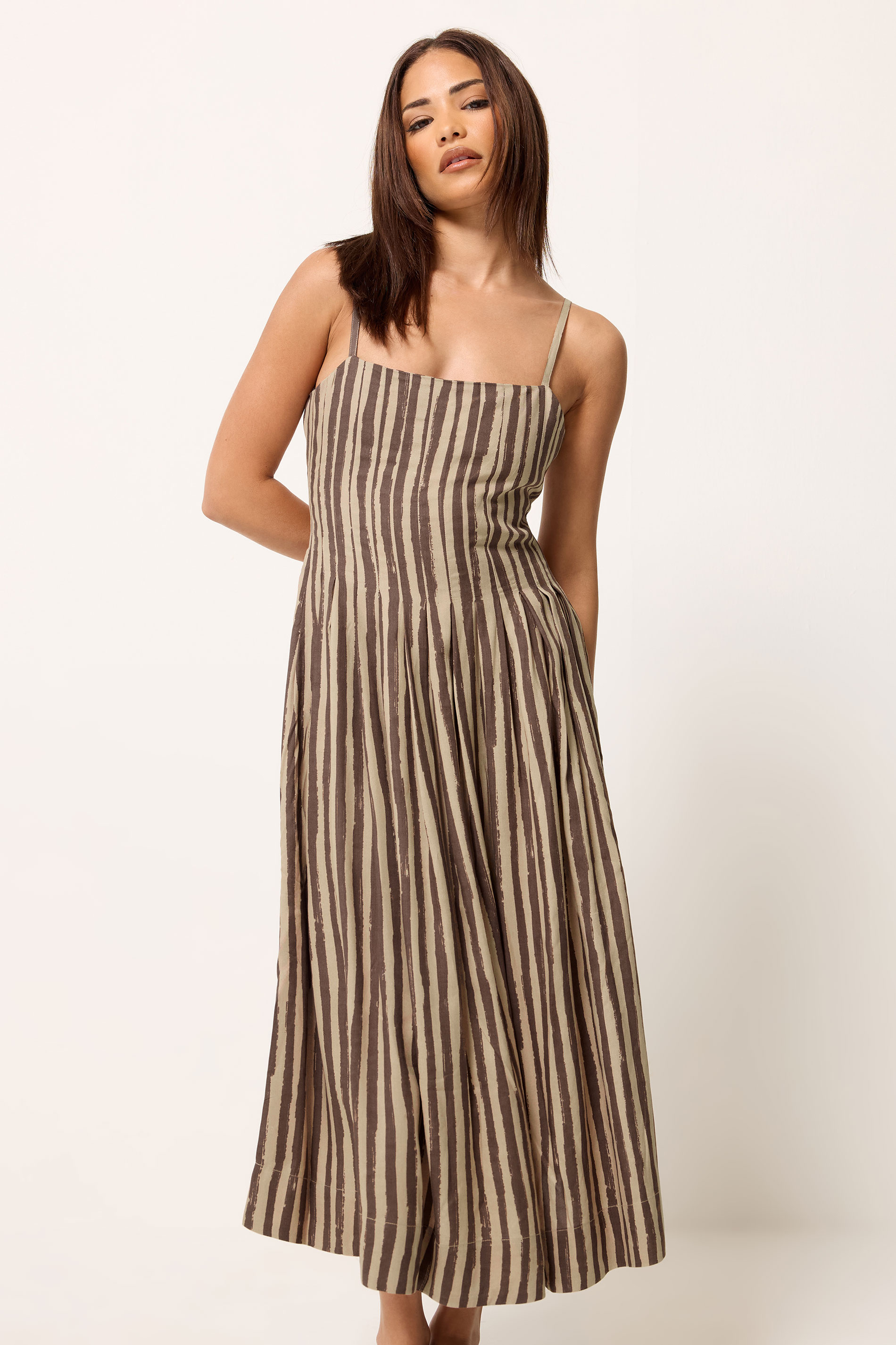 PixieGirl Petite Women's Brown Stripe Midi Dress | PixieGirl 3