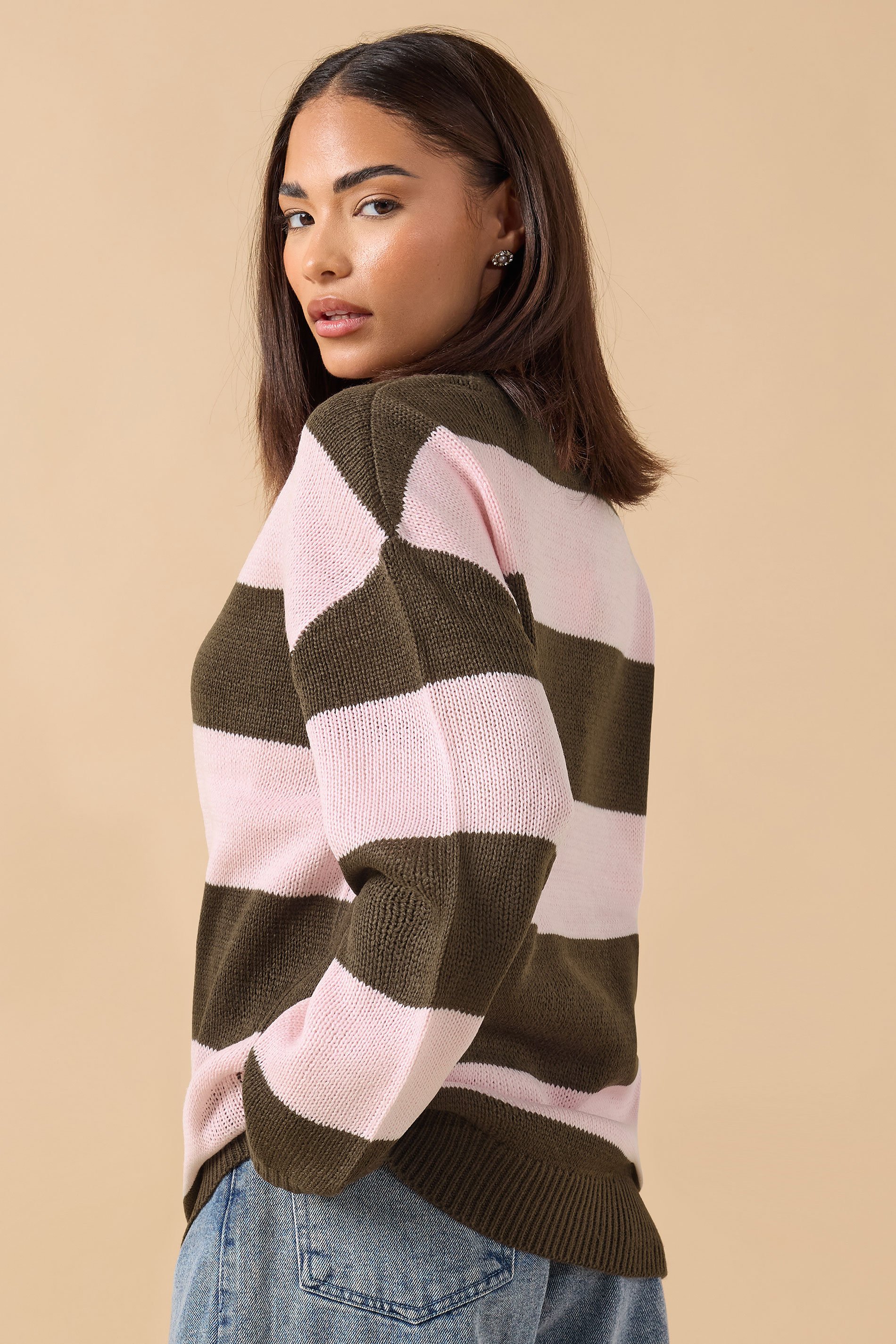 PixieGirl Petite Women's Pink & Brown Stripe Knit Jumper | PixieGirl 3