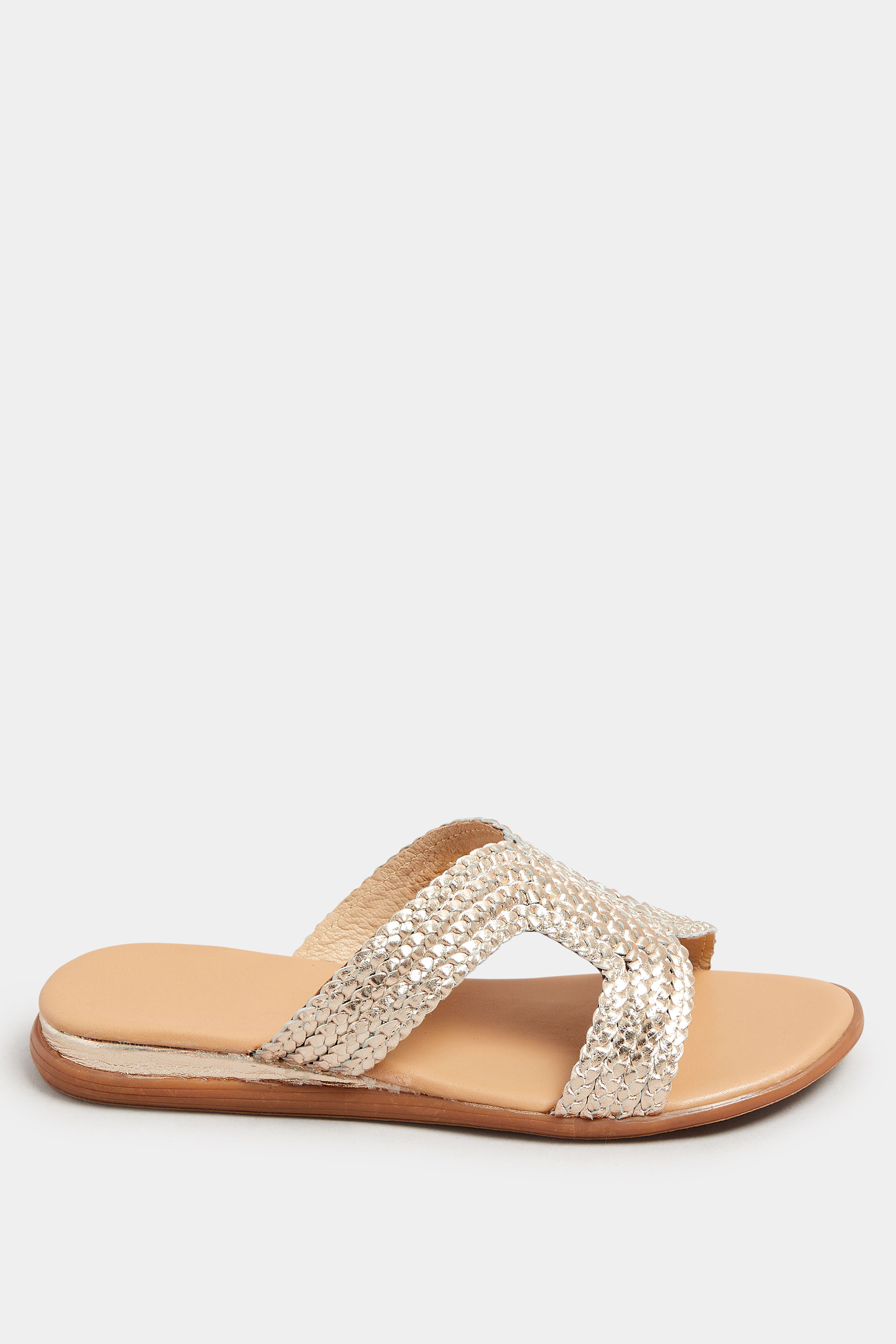 Gold Leather Woven Wedge Mule Sandals In Extra Wide EEE Fit | Yours Curve 3