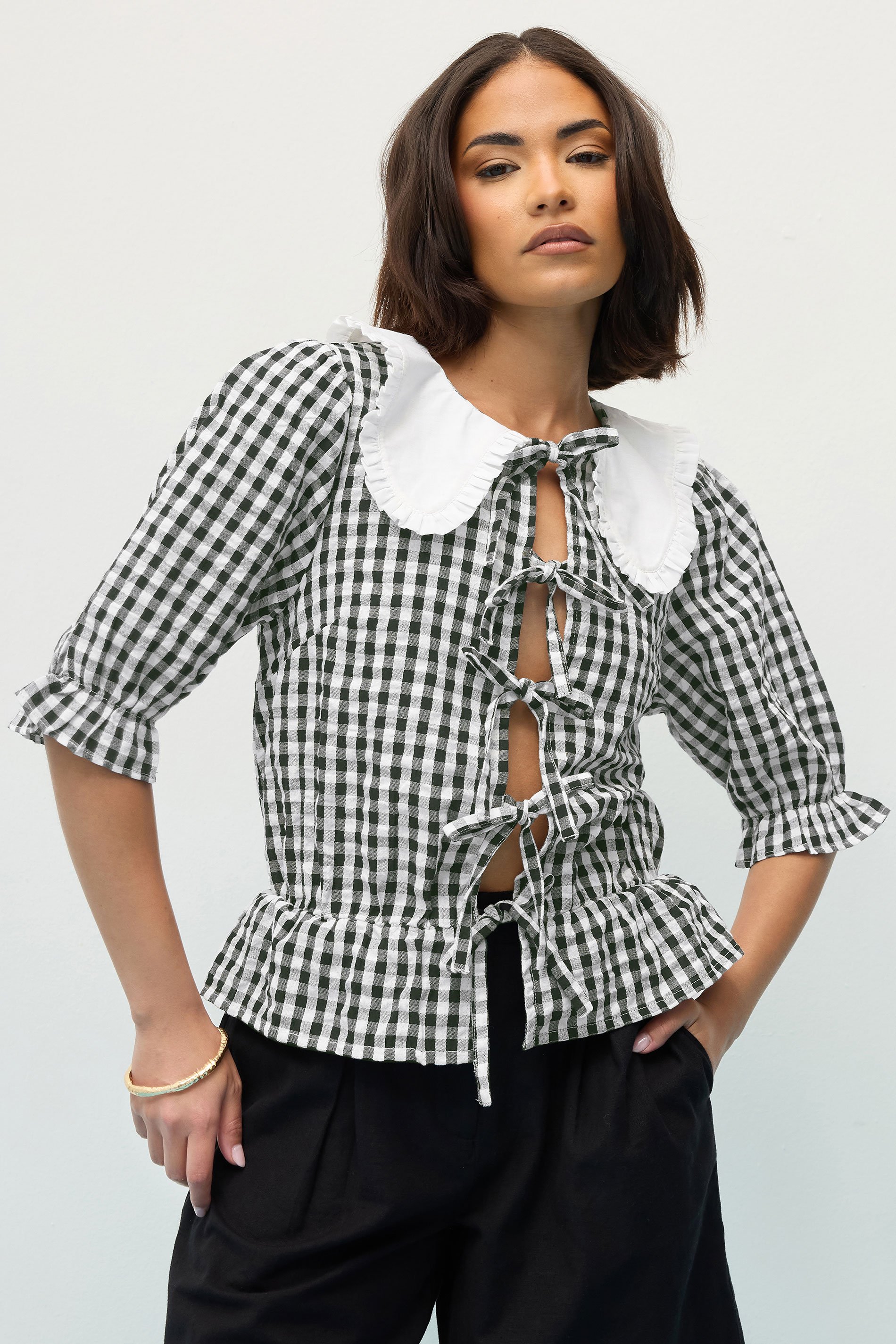 PixieGirl Petite Women's Black Gingham Tie Front Collar Peplum Top | PixieGirl 1