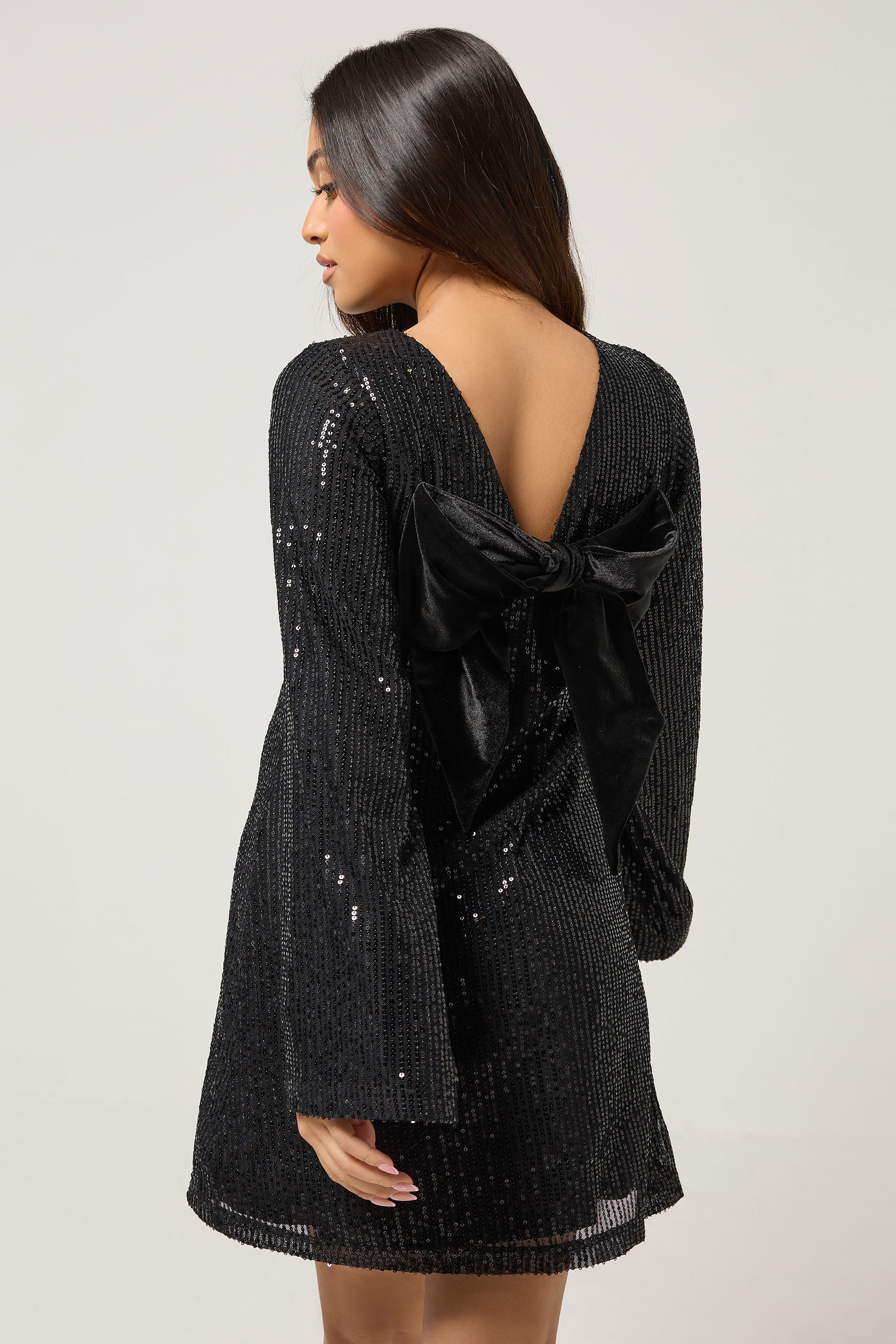 PixieGirl Petite Women's Black Sequin Velvet Bow Midi Dress | PixieGirl 5